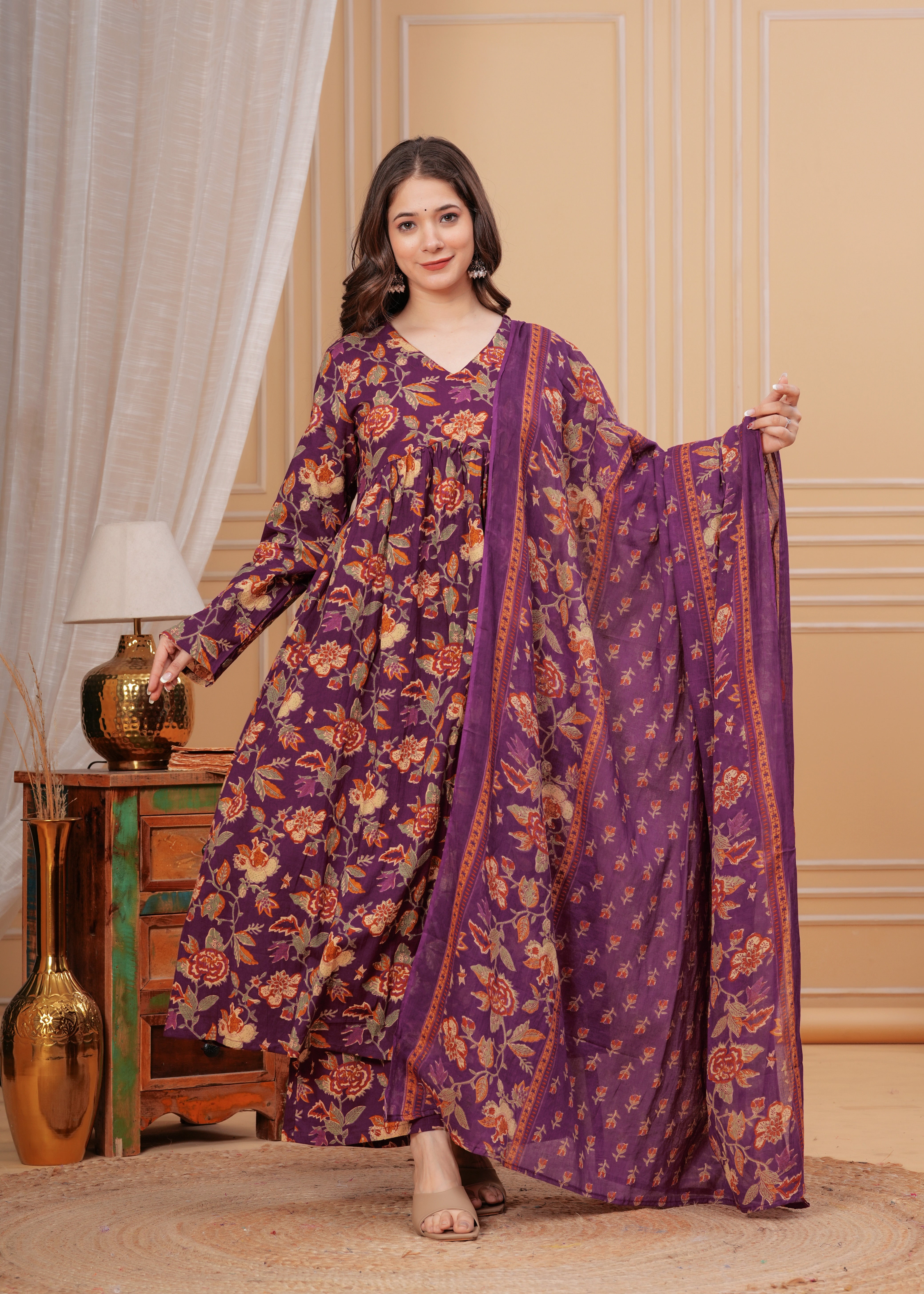 MEERA FAB Women's Cotton Blend V-Neck Anarkali Printed Kurta with Palazzo & Dupatta