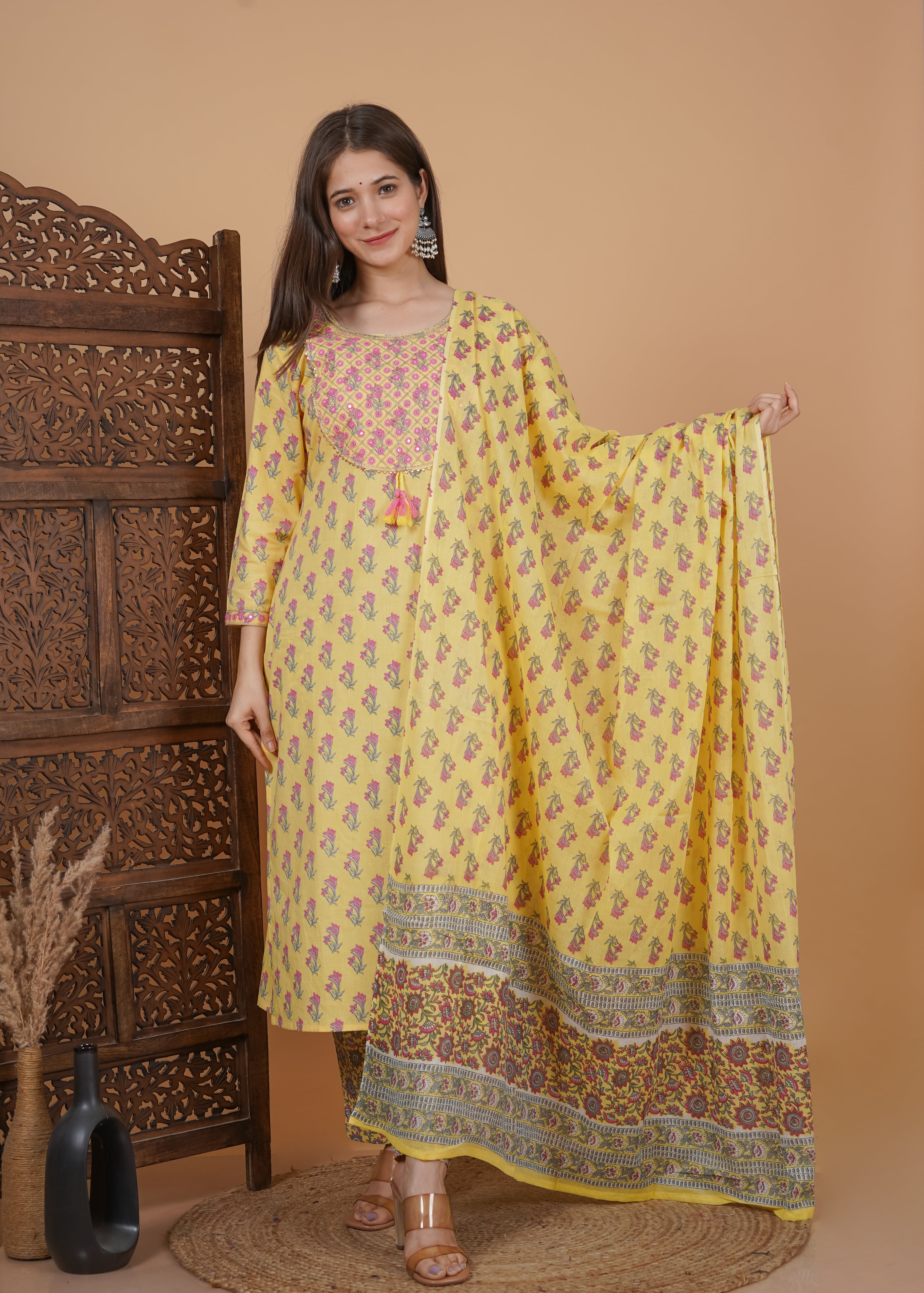 MEERA FAB Women's Cotton Printed Straight Embroidery Kurta with Palazzo & Dupatta Set