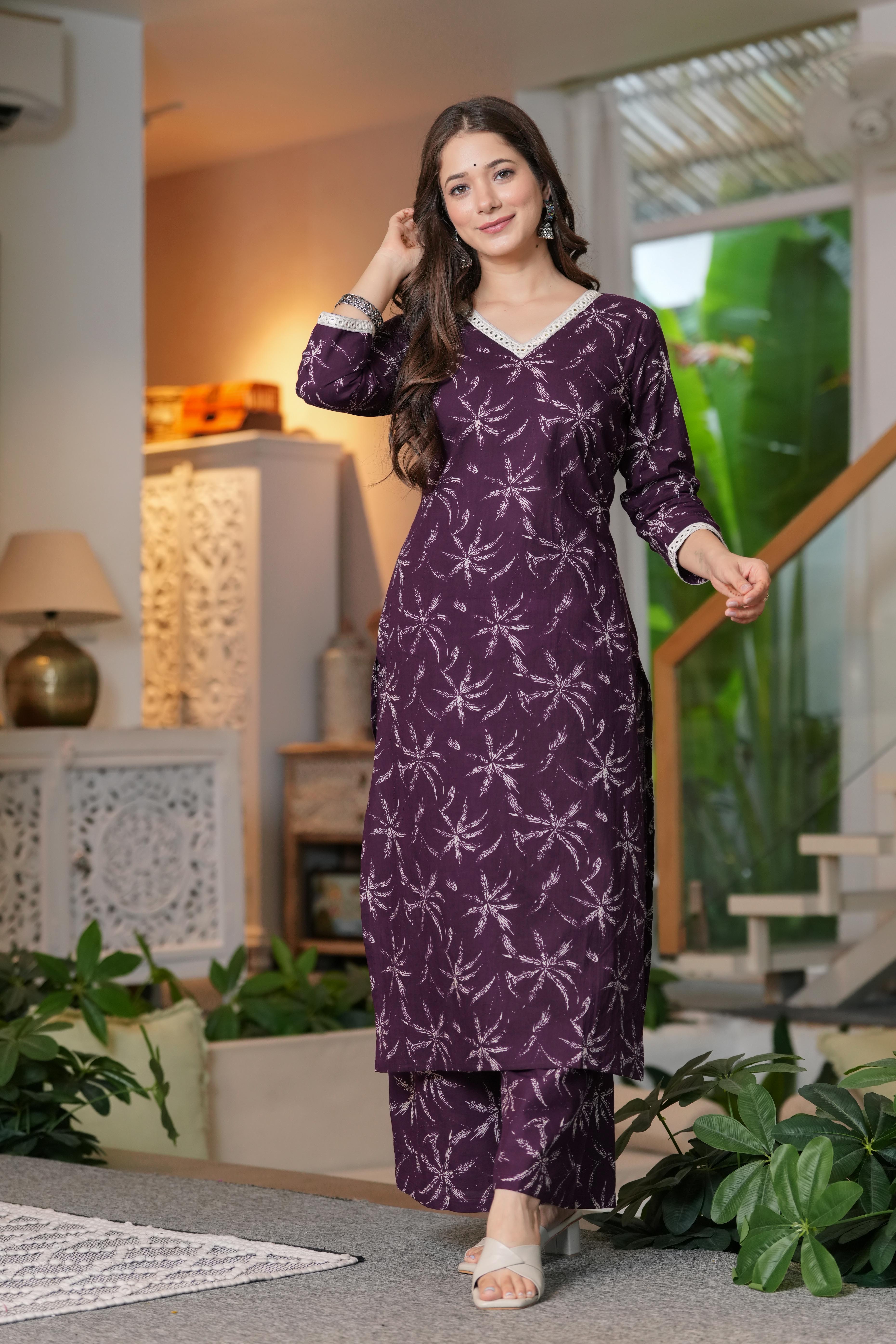 MEERA FAB Women Cotton Printed V-Neck Lace Kurta Palazzo Set