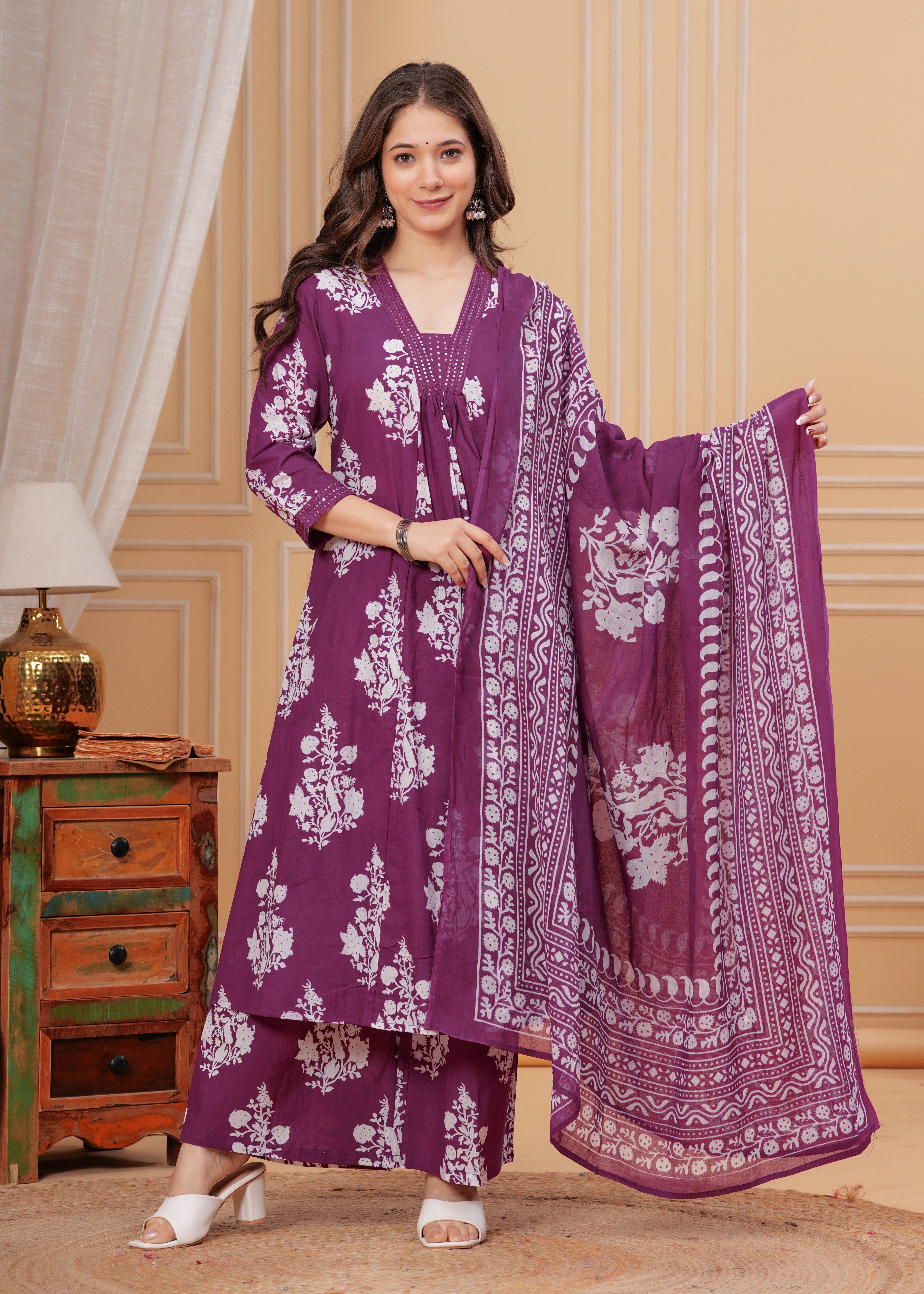 MEERA FAB Women's Cotton Blend V-Neck Anarkali Embrodriery Kurta with Palazzo & Dupatta