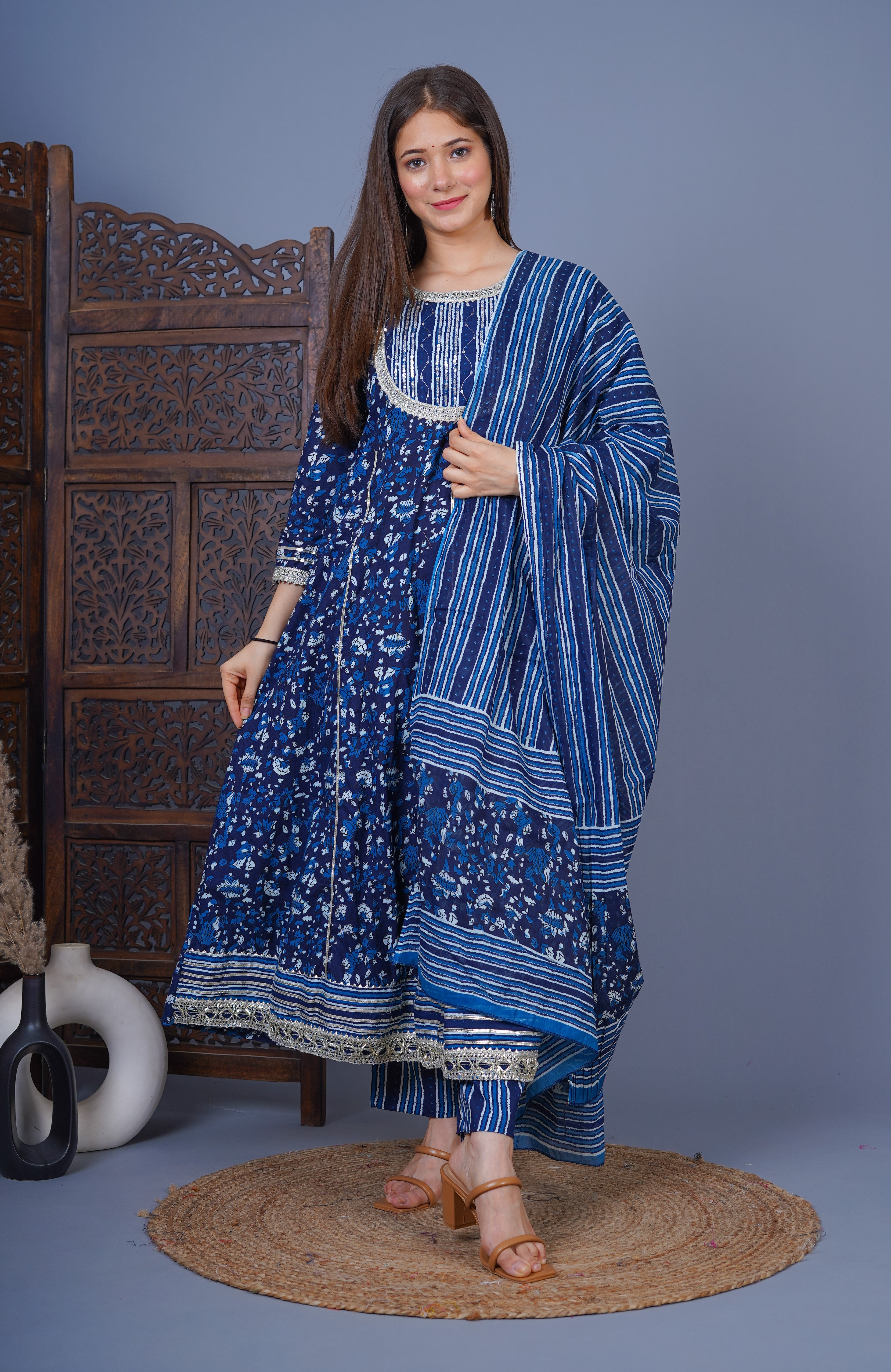 MEERA FAB Women's Cotton Floral Printed Blue Anarkali Kurta with Palazzo & Dupatta Set MF-230