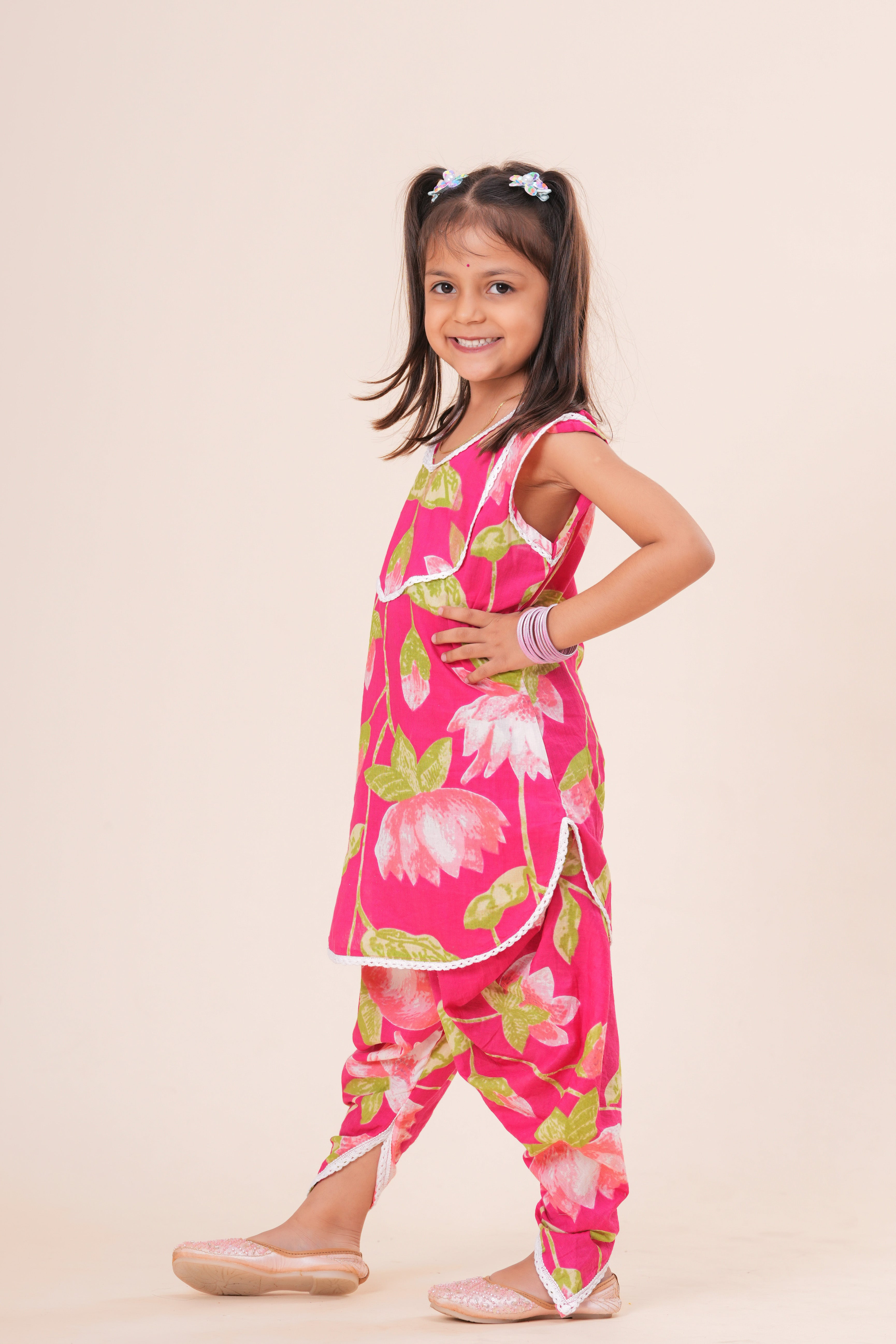 Girls Kids Pure Cotton Cut Sleeves Top with Dhoti Pant Set | Floral Printed Top and Bottom Outfit | Traditional Ethnic Co-Ord Set