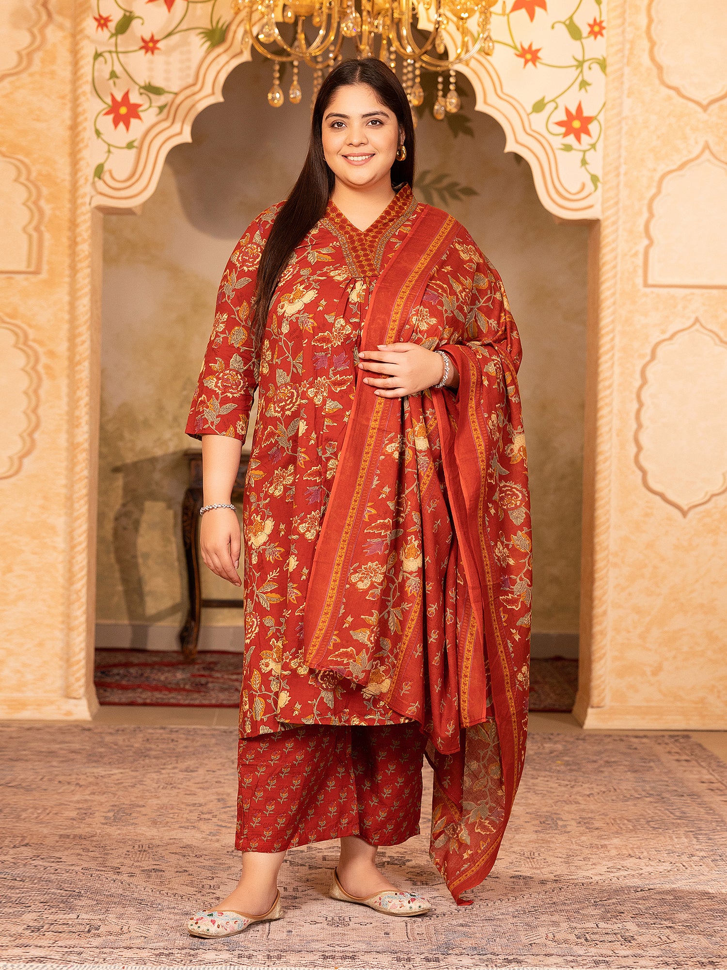 MEERA FAB Women's Cotton Blend V-Neck Plus Size Kurta Printed Kurta with Palazzo & Dupatta Set