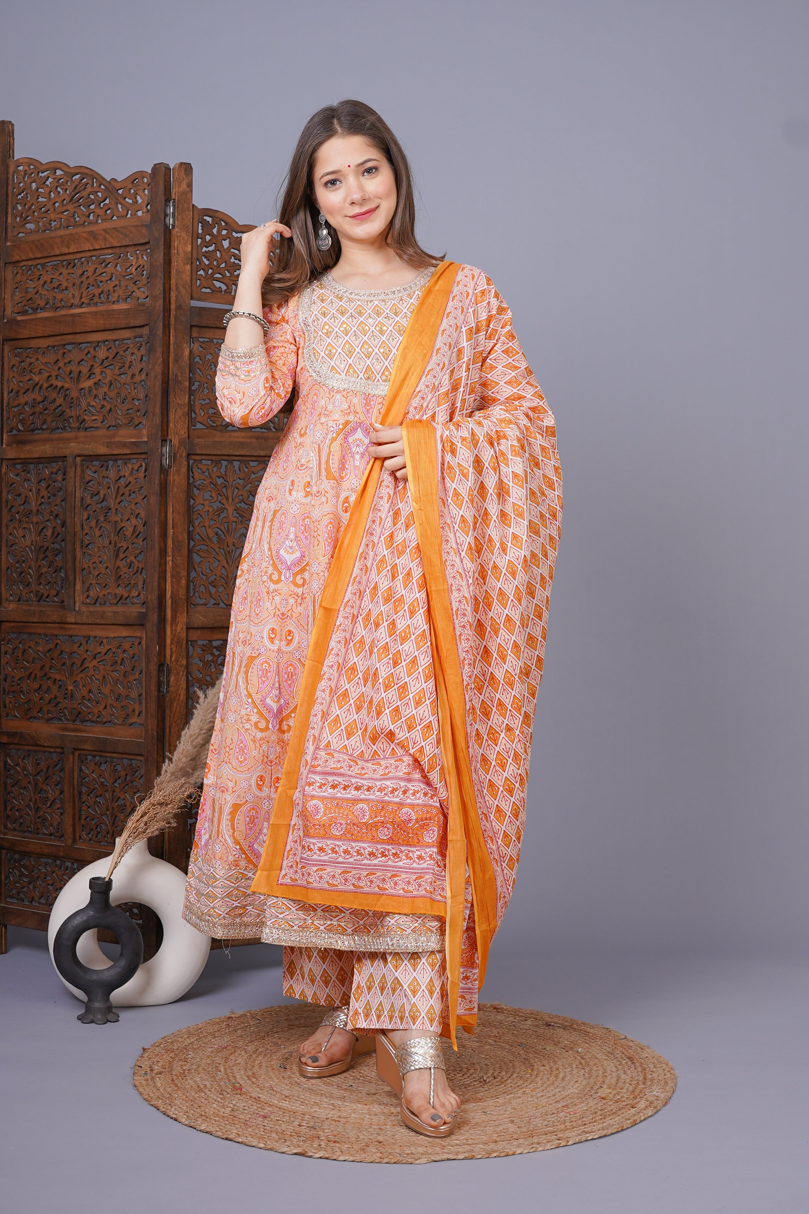 MEERA FAB Women's Cotton Printed Anarkali Kurta With Palazzo & Dupatta Set With Handwork