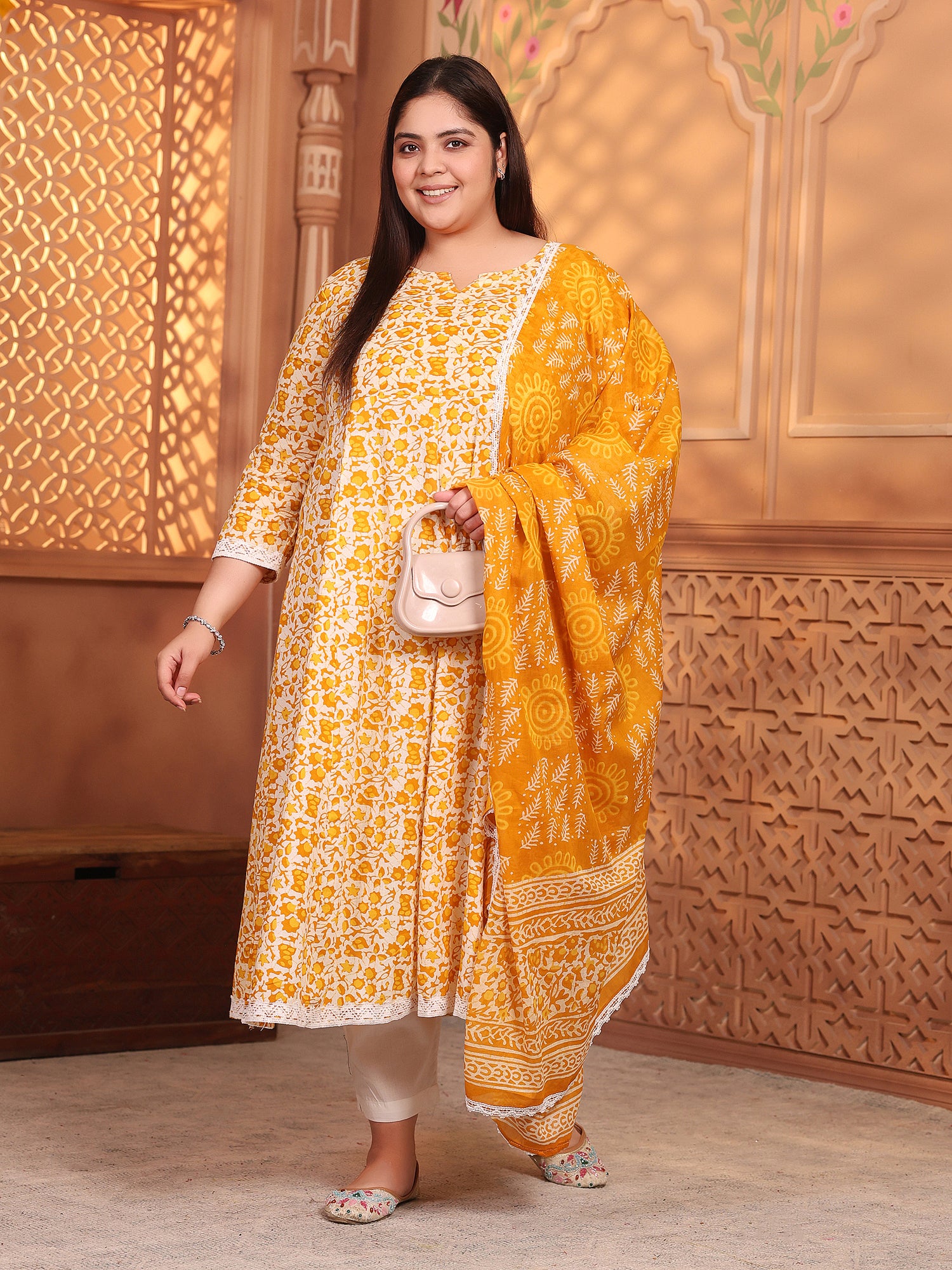MEERA FAB Women's Pure Cotton Printed Anarkali Kurta with Palazzos & Dupatta