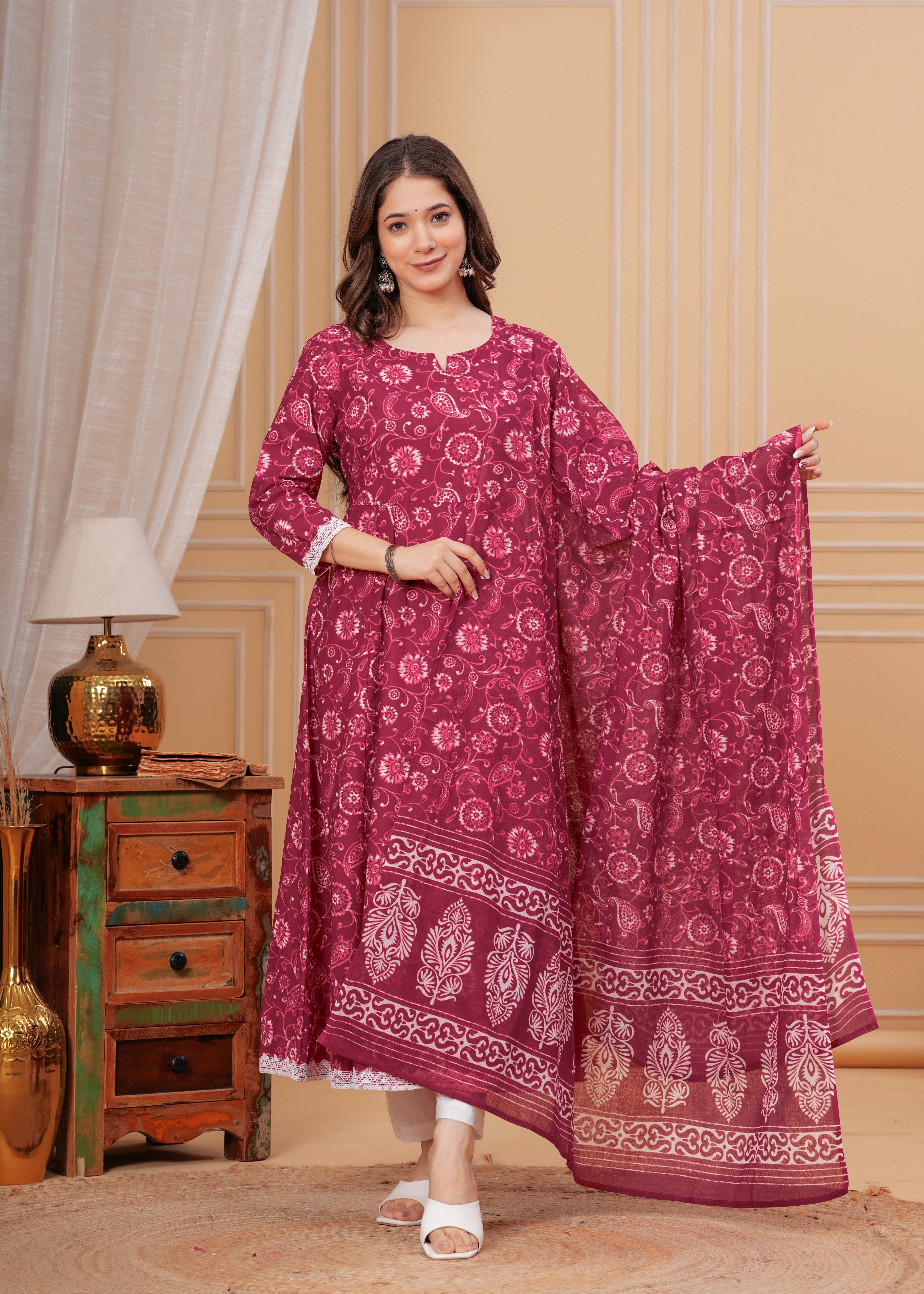 MEERA FAB Women's Cotton Printed Anarkali Kurta with Palazzo & Dupatta Set