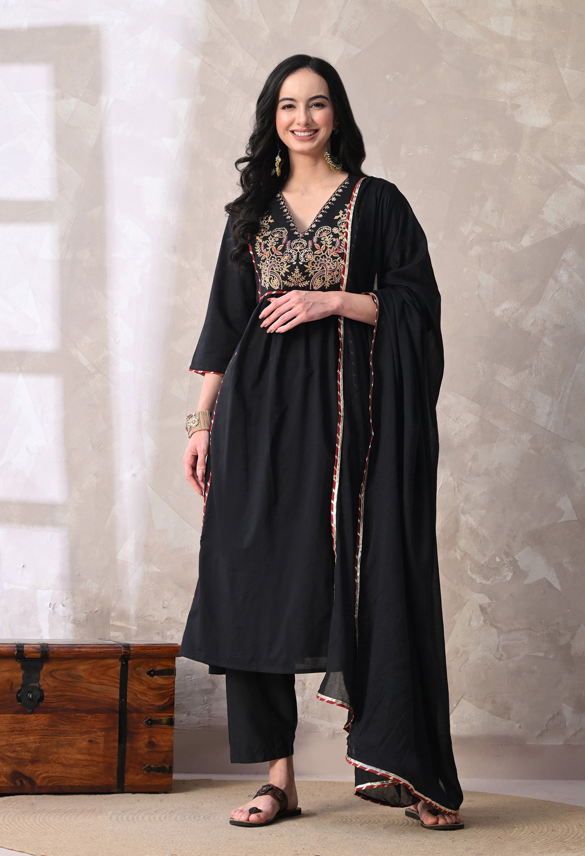 MEERA FAB Women's Cotton Anarkali Kurta with Palazzo and Dupatta, Embroidered Yoke, 3-Piece Set