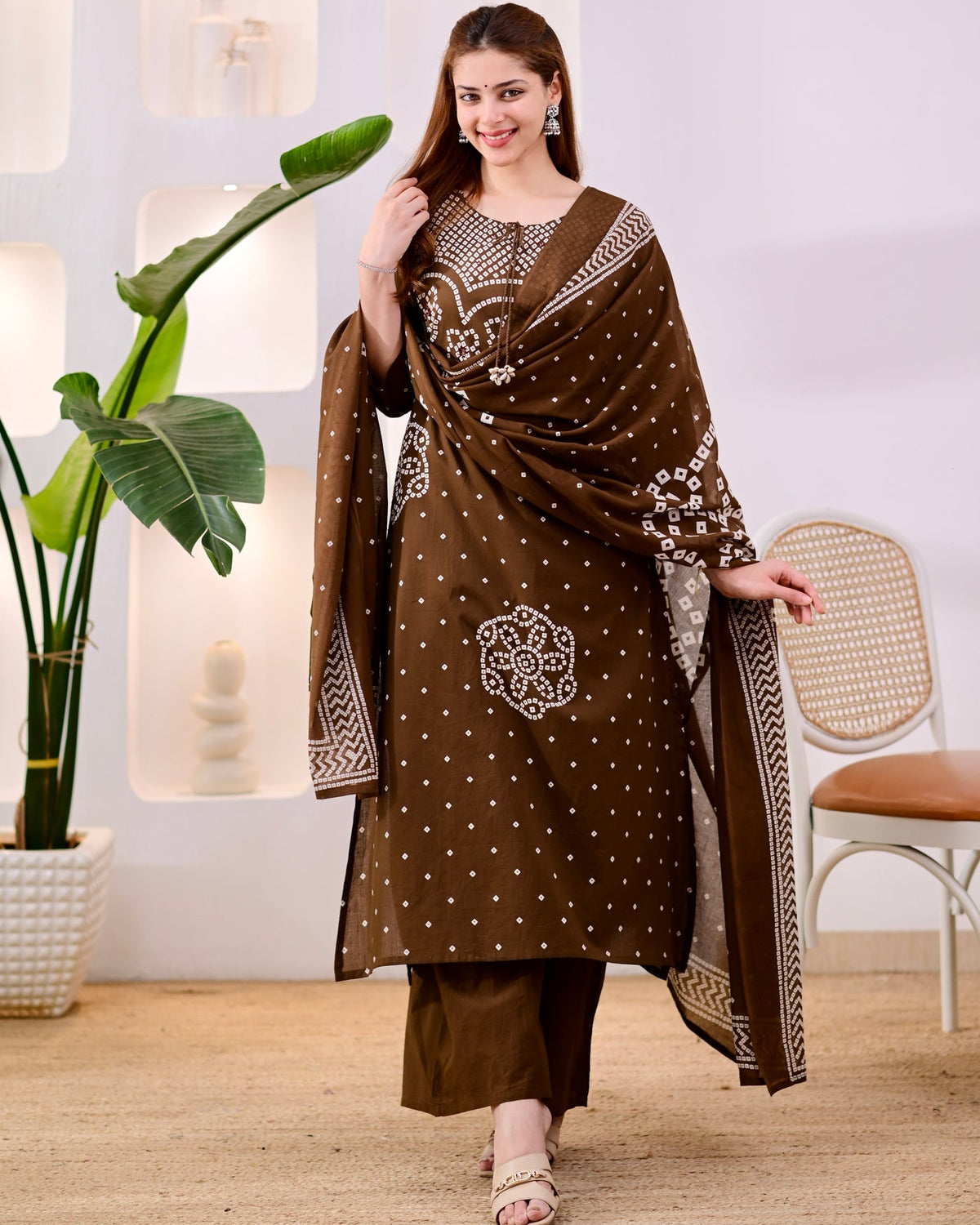 MEERA FAB Women's Pure Bandhej Cotton Straight Kurta Set with Palazzo Pants & Dupatta|Ethnic wear|Kurti Suit Set for Women