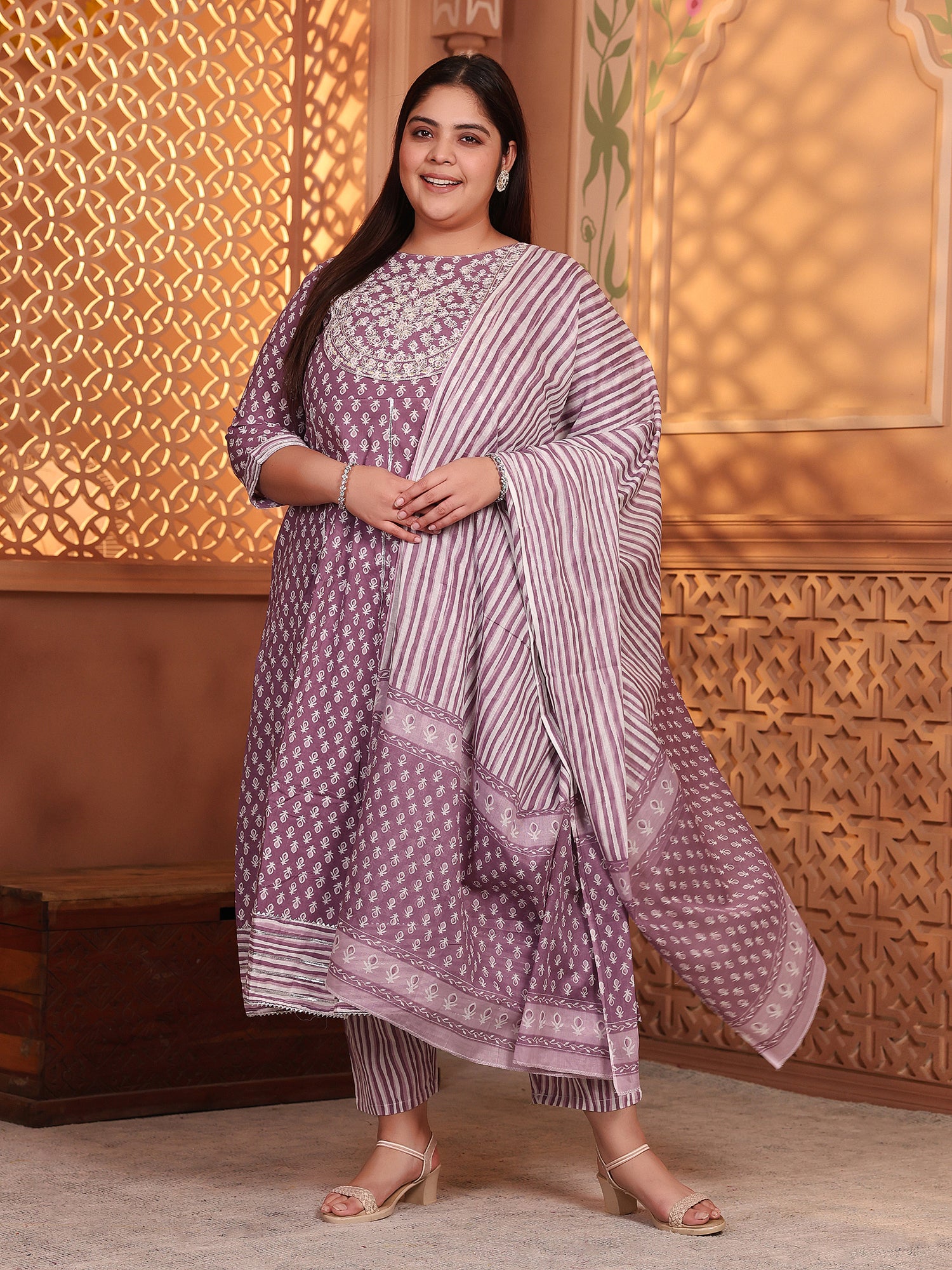 MEERA FAB Women's Pure Cotton Printed Anarkali Handwork Kurta with Palazzos & Dupatta