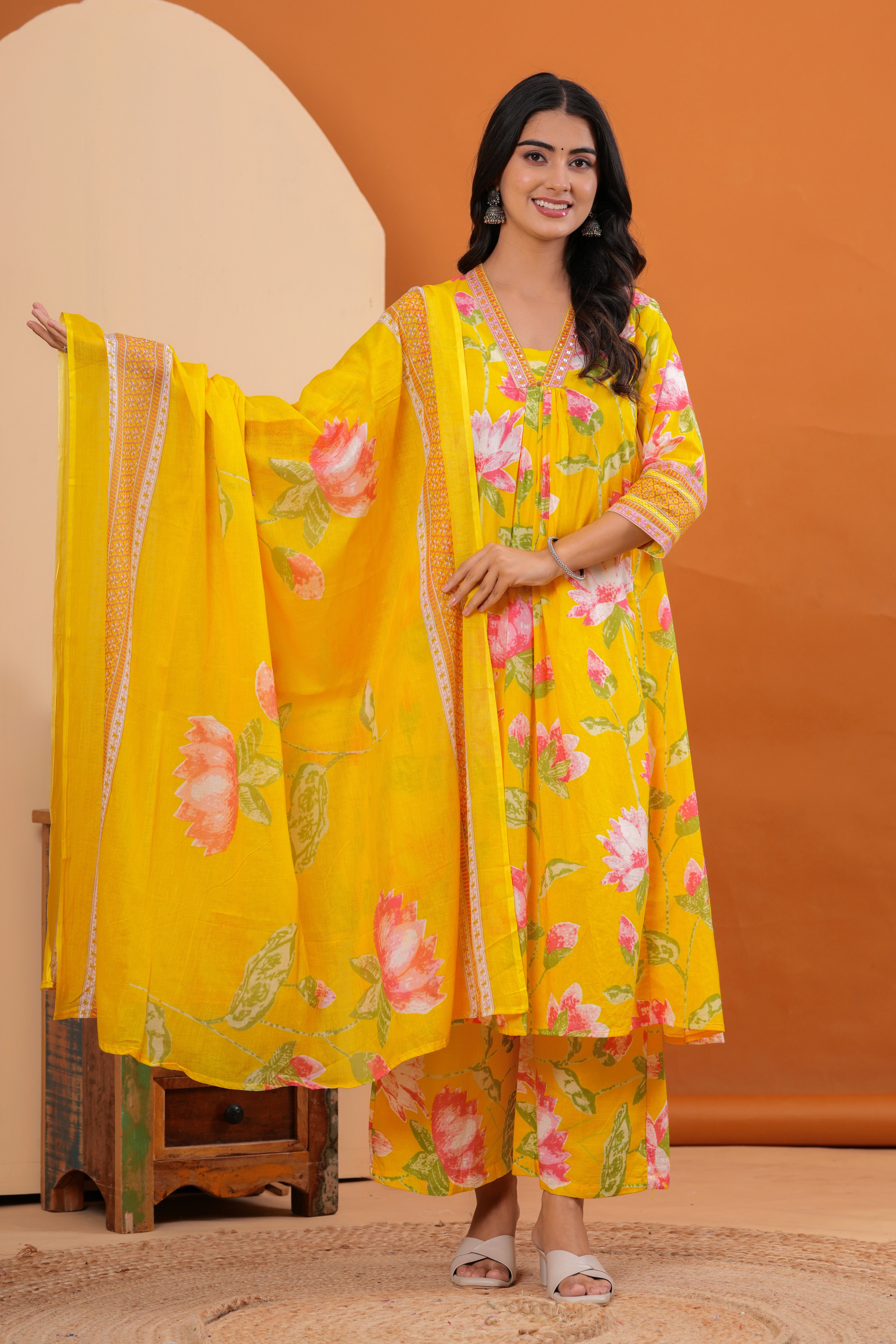 MEERA FAB Women's Pure Cotton Printed A-Line Kurta Set with Palazzo Pants & Dupatta