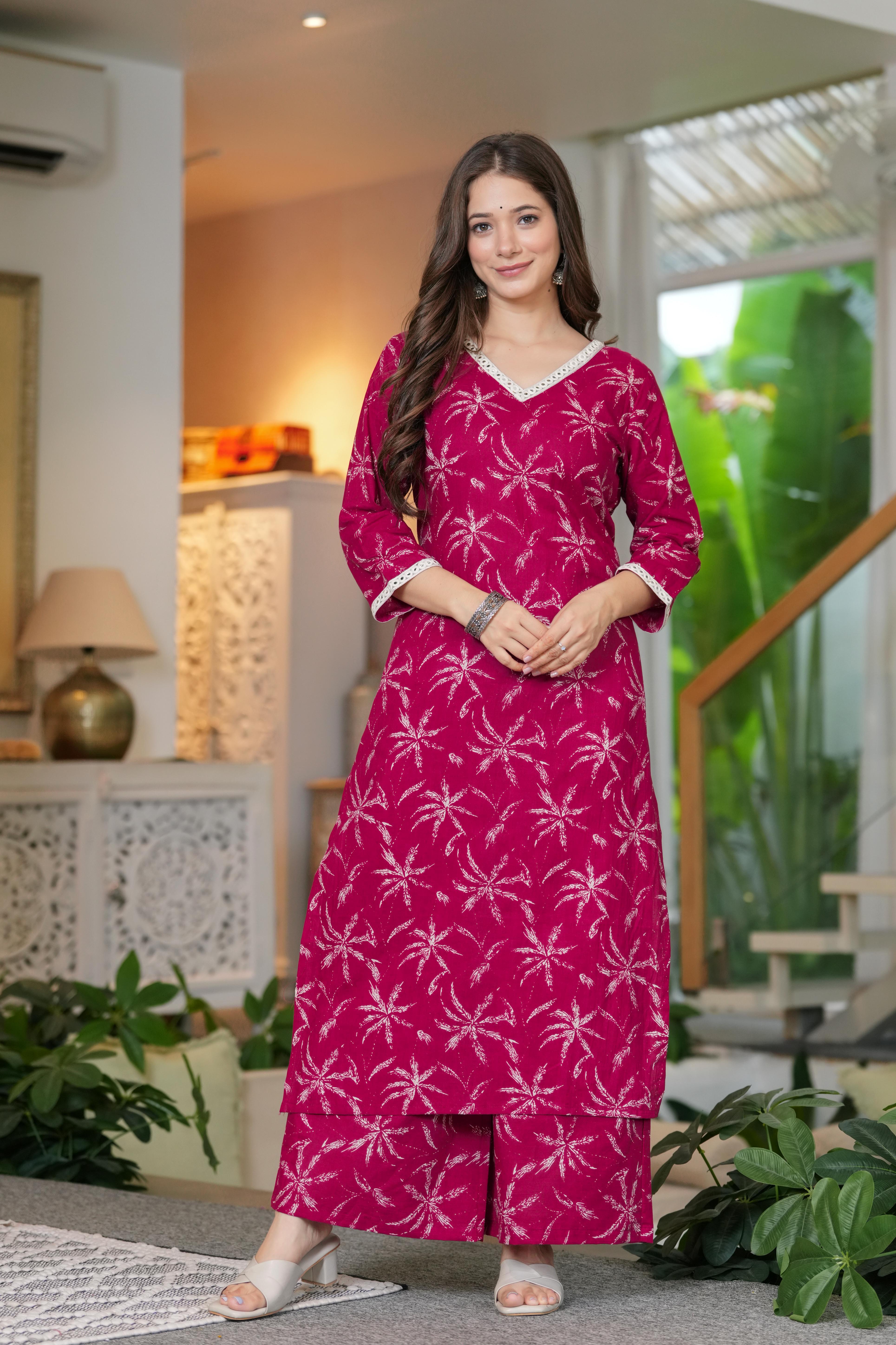 MEERA FAB Women Cotton Printed V-Neck Lace Kurta Palazzo Set