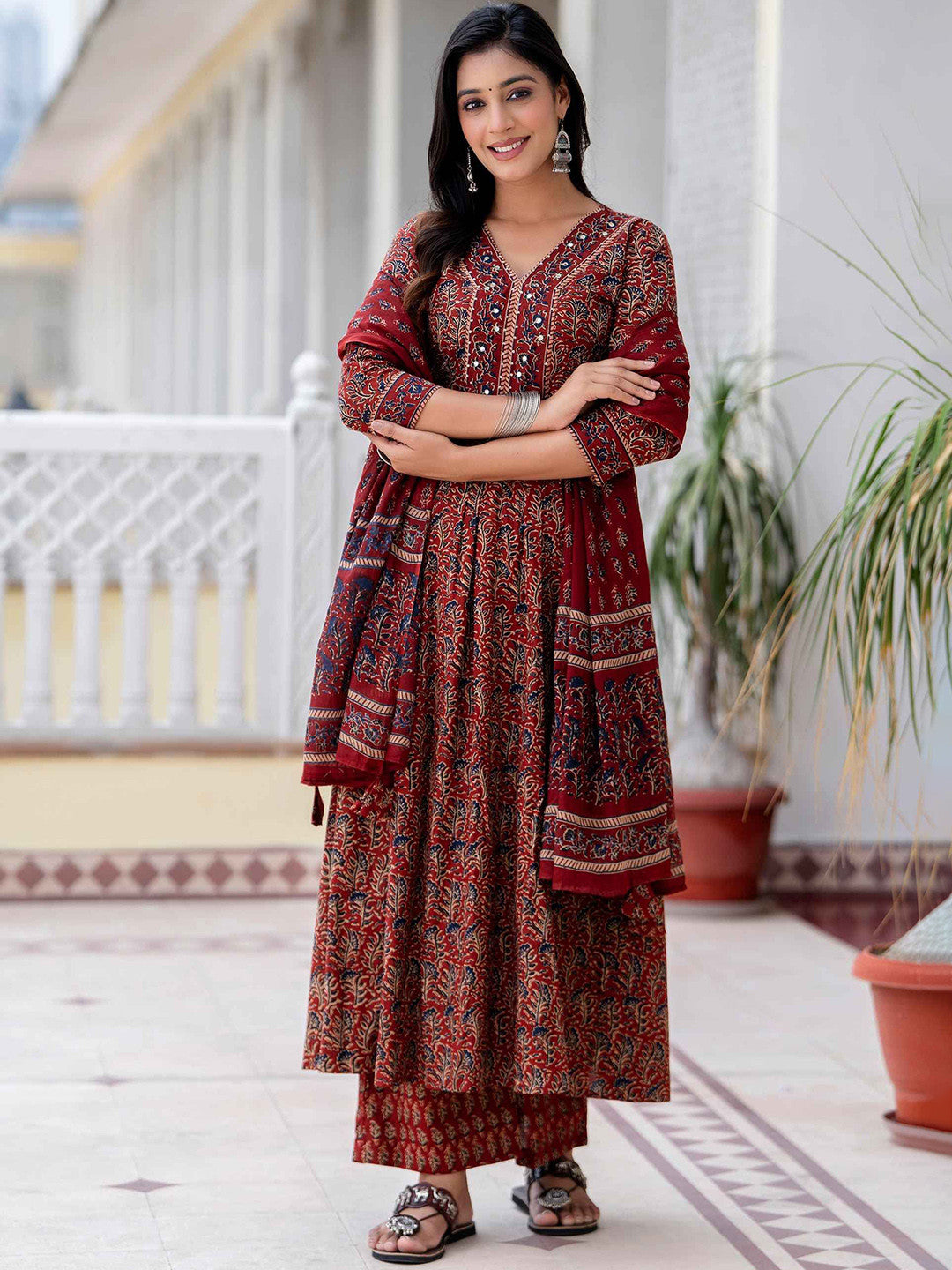MEERA FAB Floral Printed Sequined Cotton Anarkali Kurta With Palazzos & Dupatta | Sanganeri Print