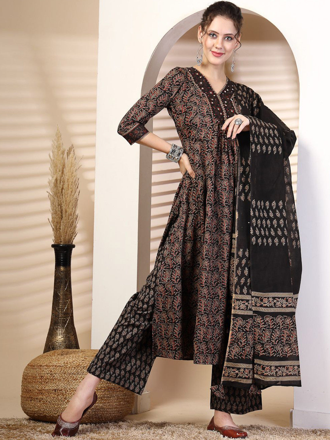 MEERA FAB Floral Printed Sequined Cotton Anarkali Kurta With Palazzos & Dupatta | Sanganeri Print