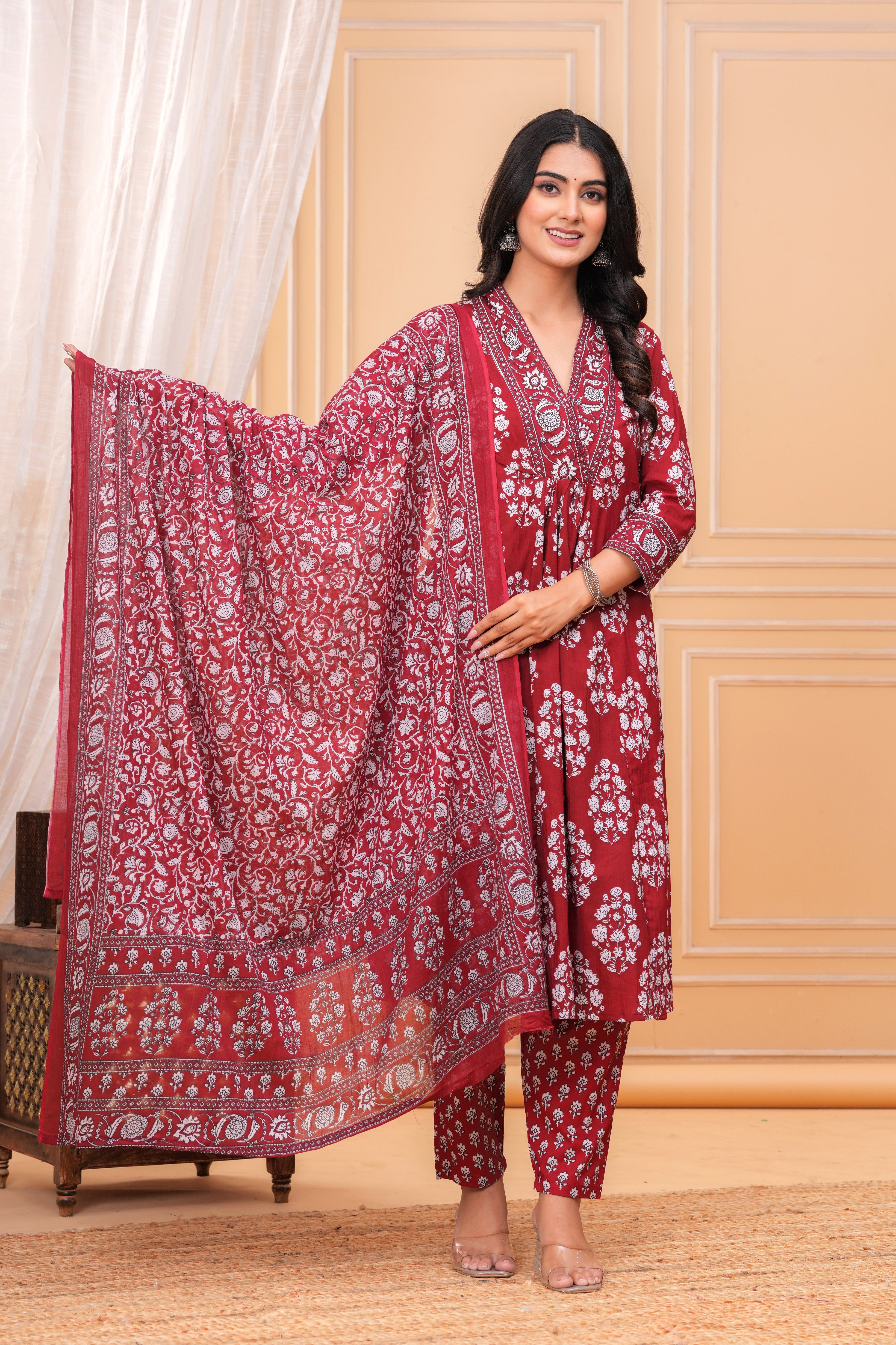 MEERA FAB Women's Pure Cotton V-Neck Border Anarkali Printed Kurta with Palazzo and Dupatta