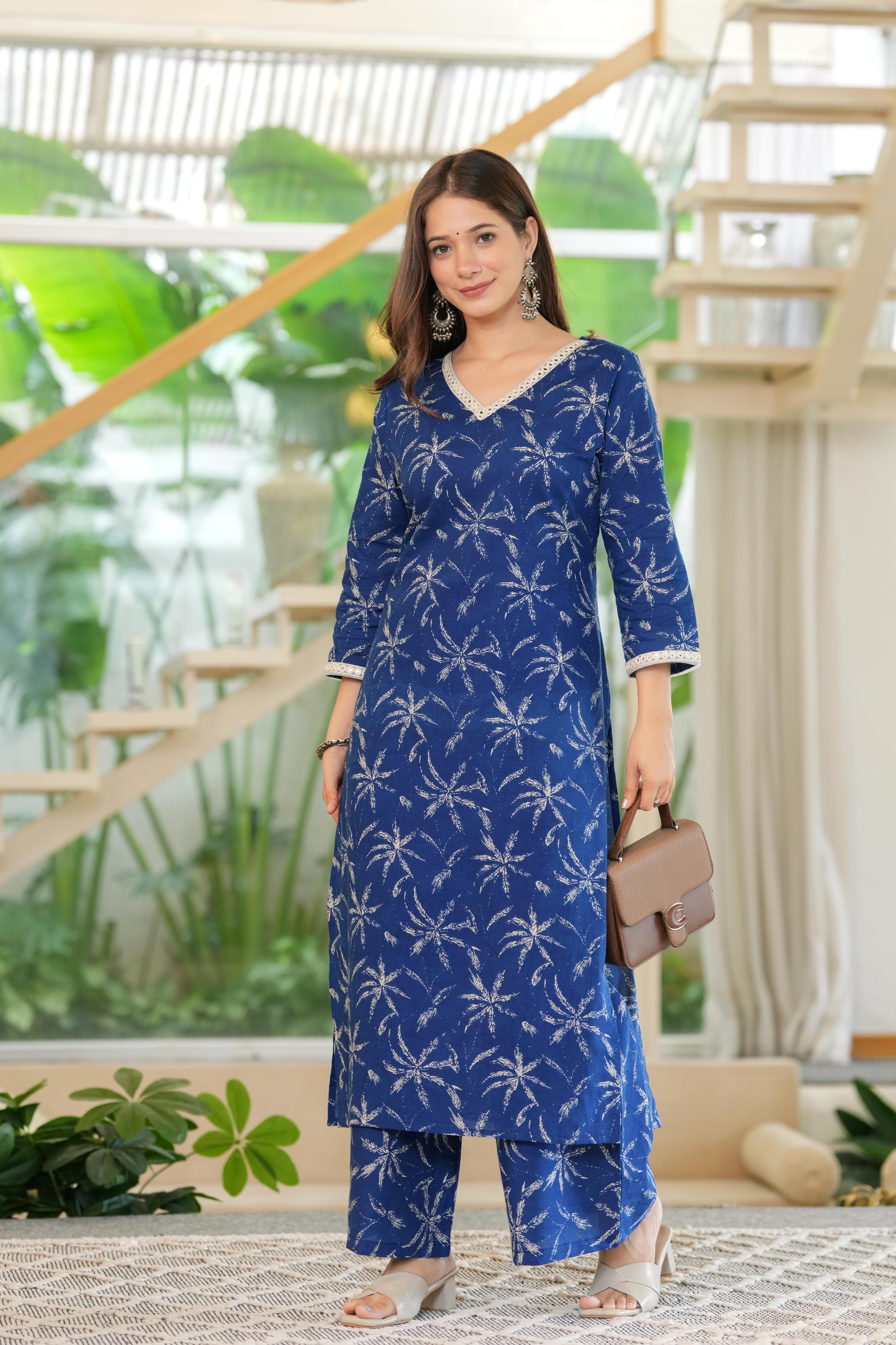 MEERA FAB Women Cotton Printed V-Neck Lace Kurta Palazzo Set