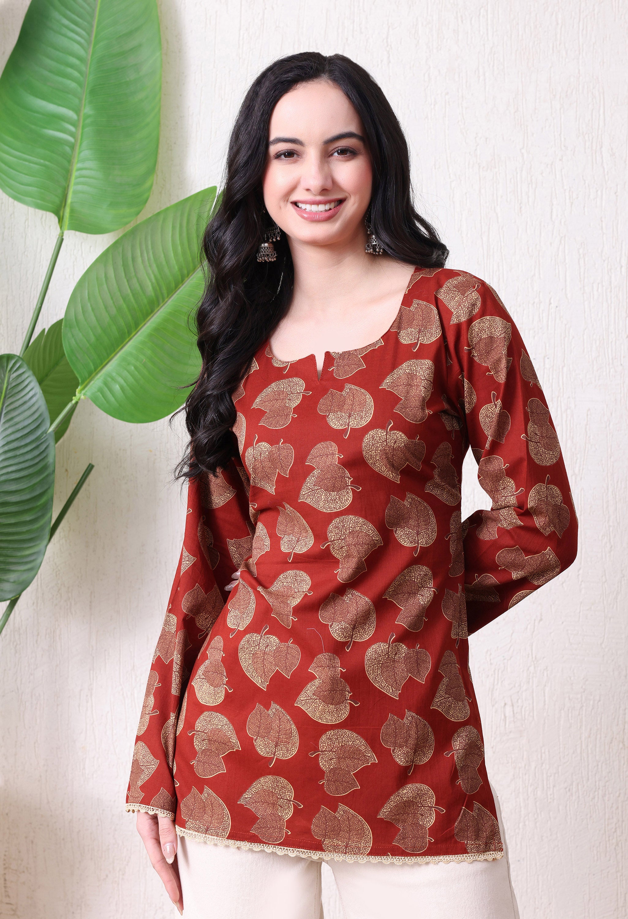 MEERA FAB Women's Floral Printed Cotton Short Top | Floral Printed Kurta with Full Sleeves | Short Kurti for Women