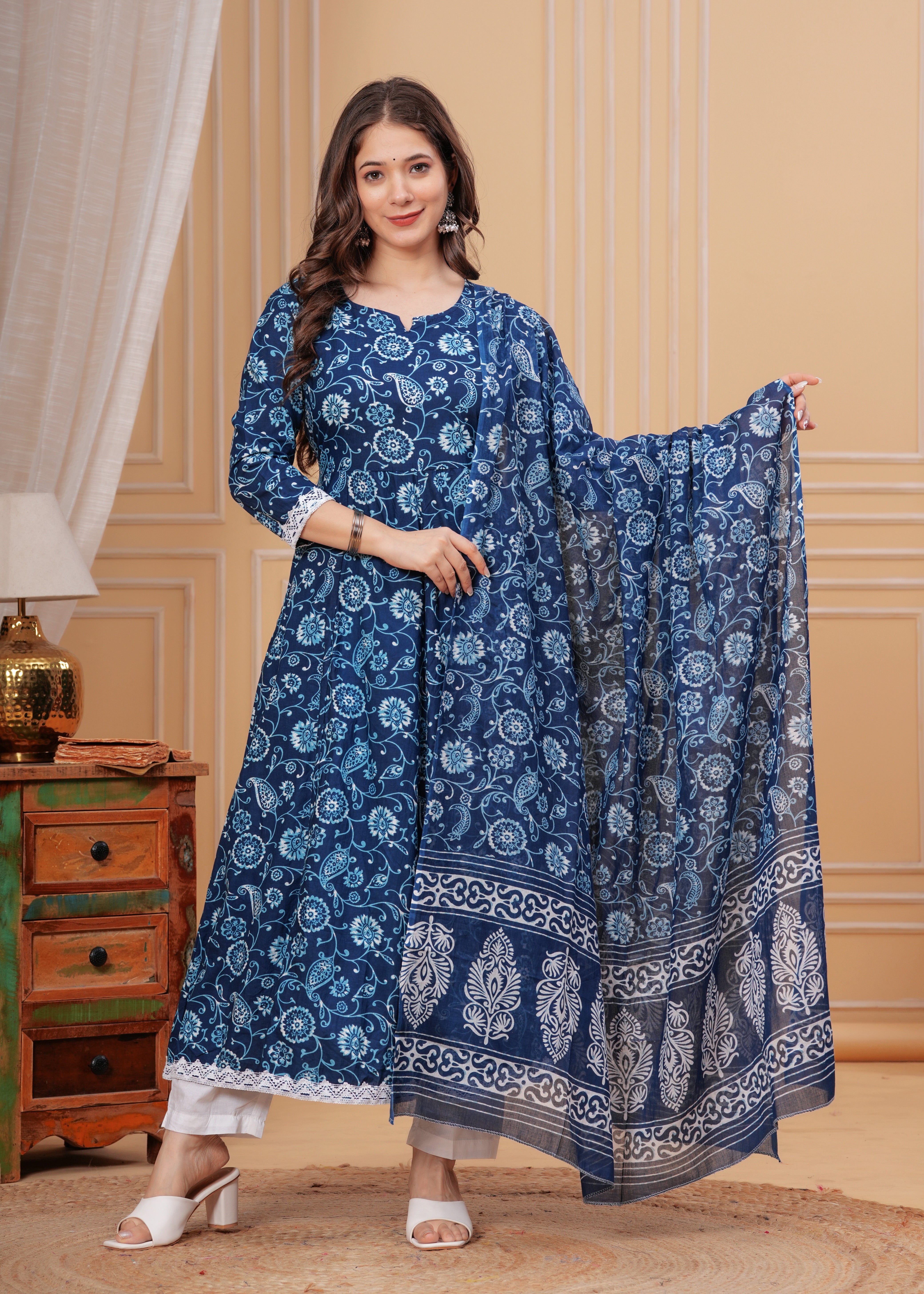 MEERA FAB Women's Cotton Printed Anarkali Kurta with Palazzo & Dupatta Set