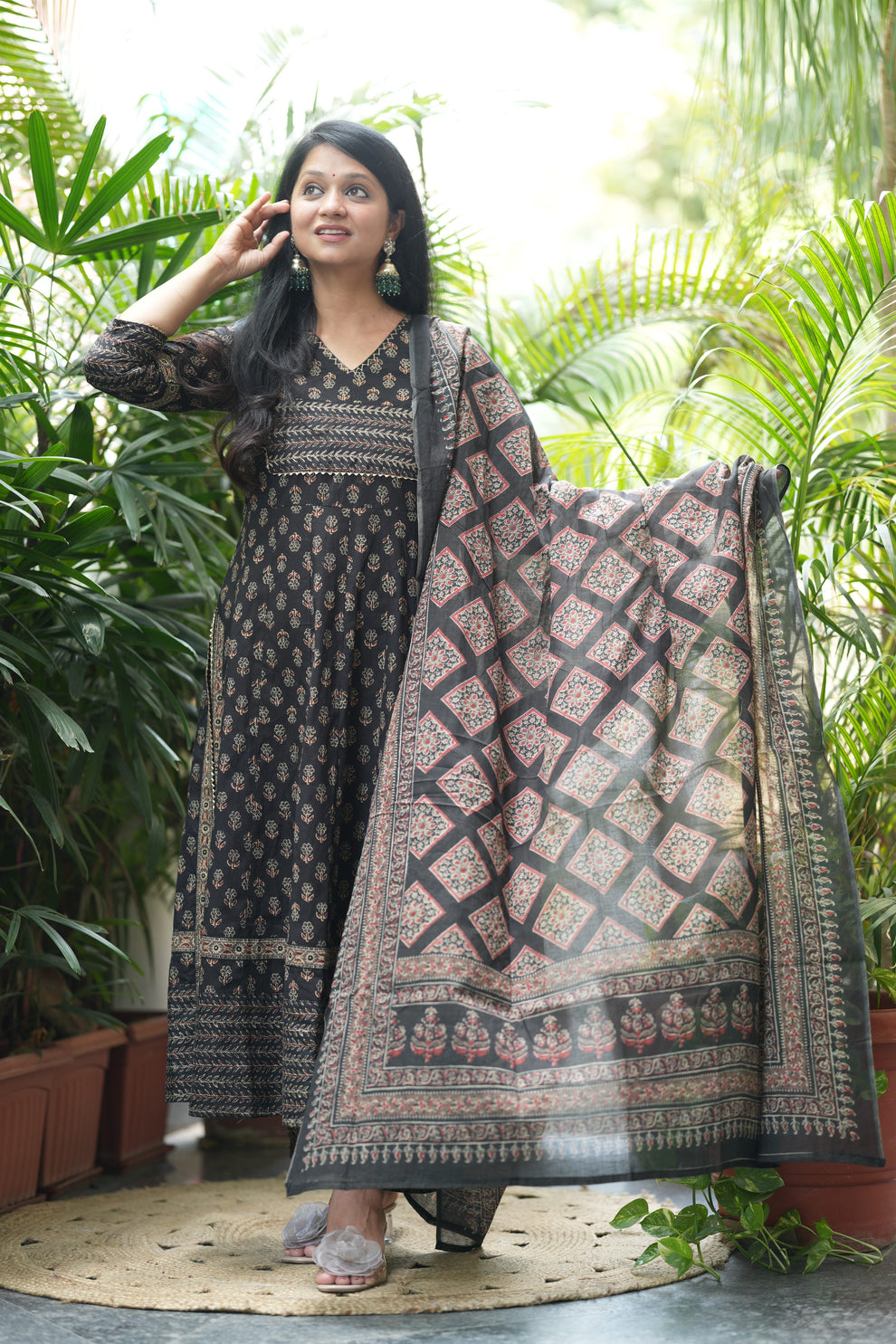 MEERA FAB Women Black Printed Regular Pure Cotton Anarkali Kurta with Palazzos & with Dupatta