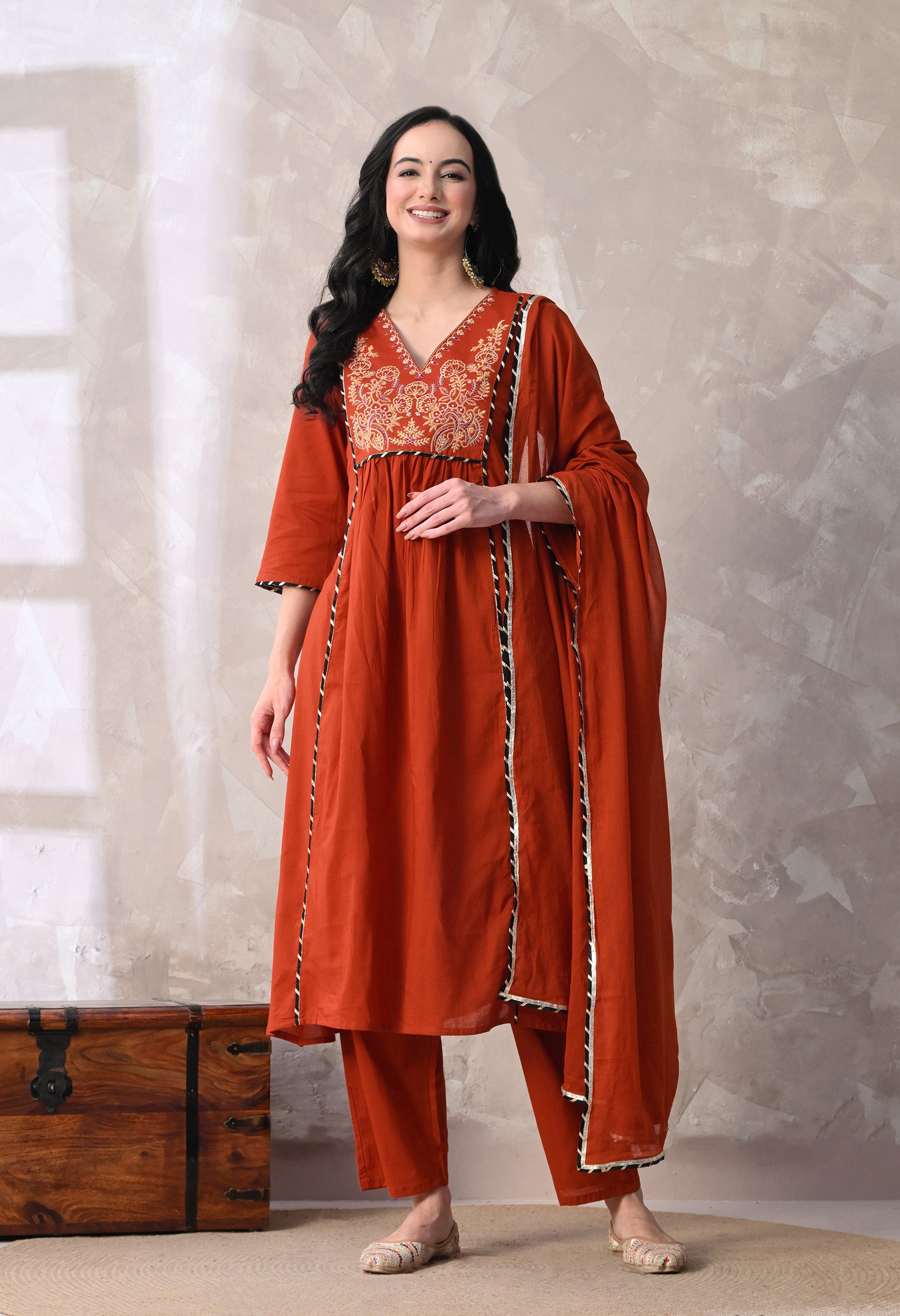 MEERA FAB Women's Cotton Anarkali Kurta with Palazzo and Dupatta, Embroidered Yoke, 3-Piece Set