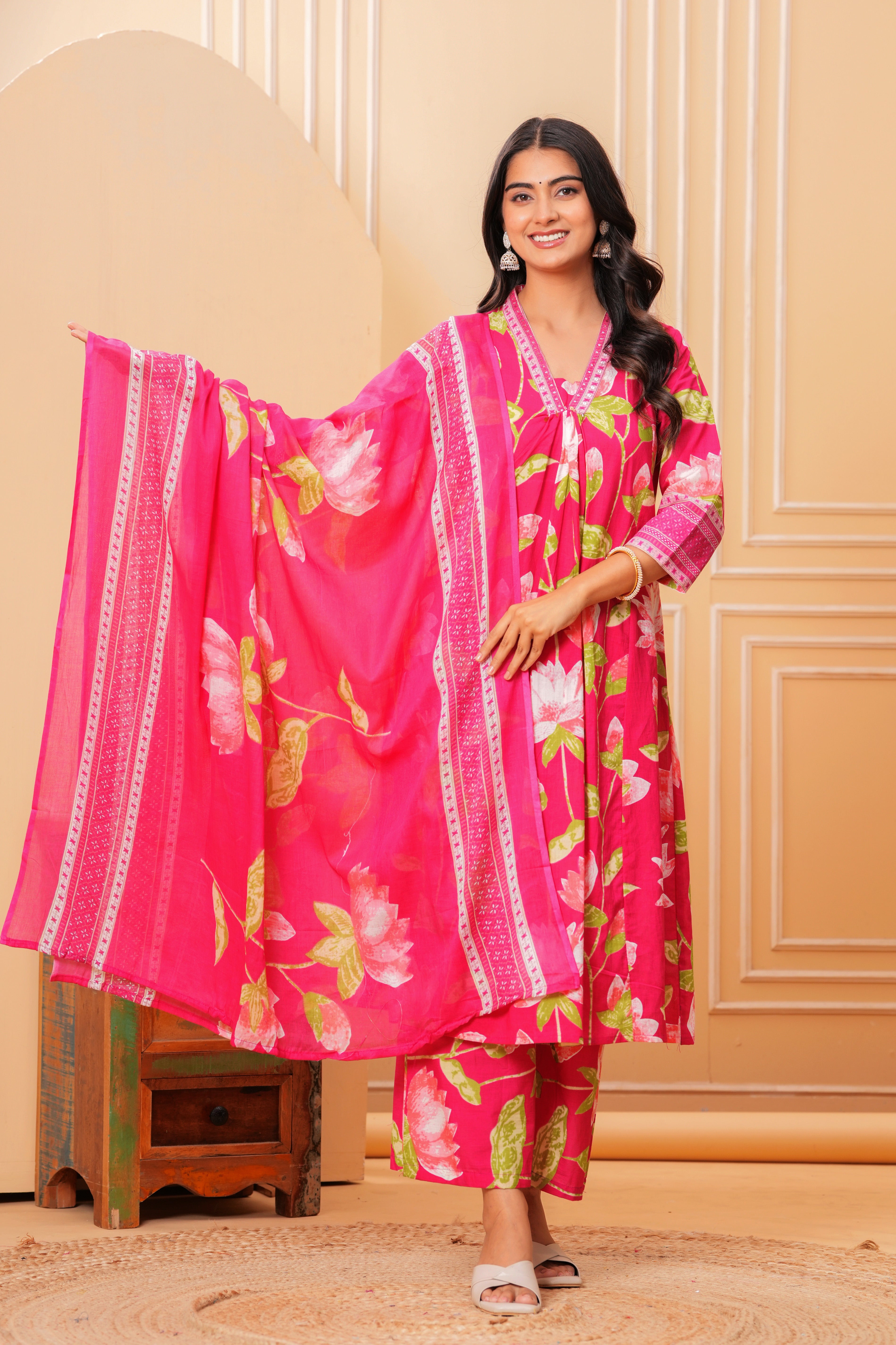 MEERA FAB Women's Pure Cotton Printed A-Line Kurta Set with Palazzo Pants & Dupatta