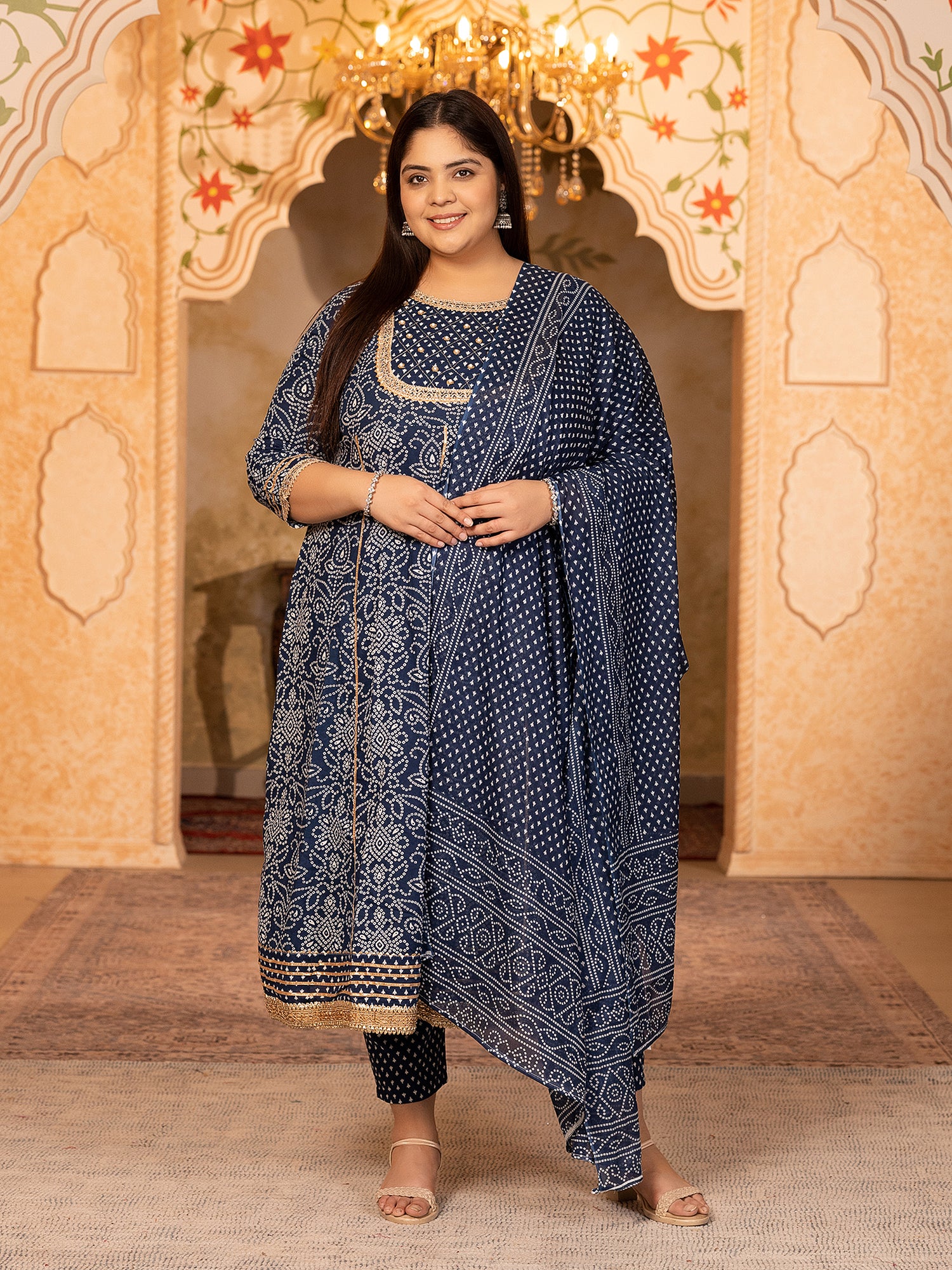 MEERA FAB Plus Size Printed Pure Cotton Anarkali Handwork Kurta with Palazzos & Dupatta