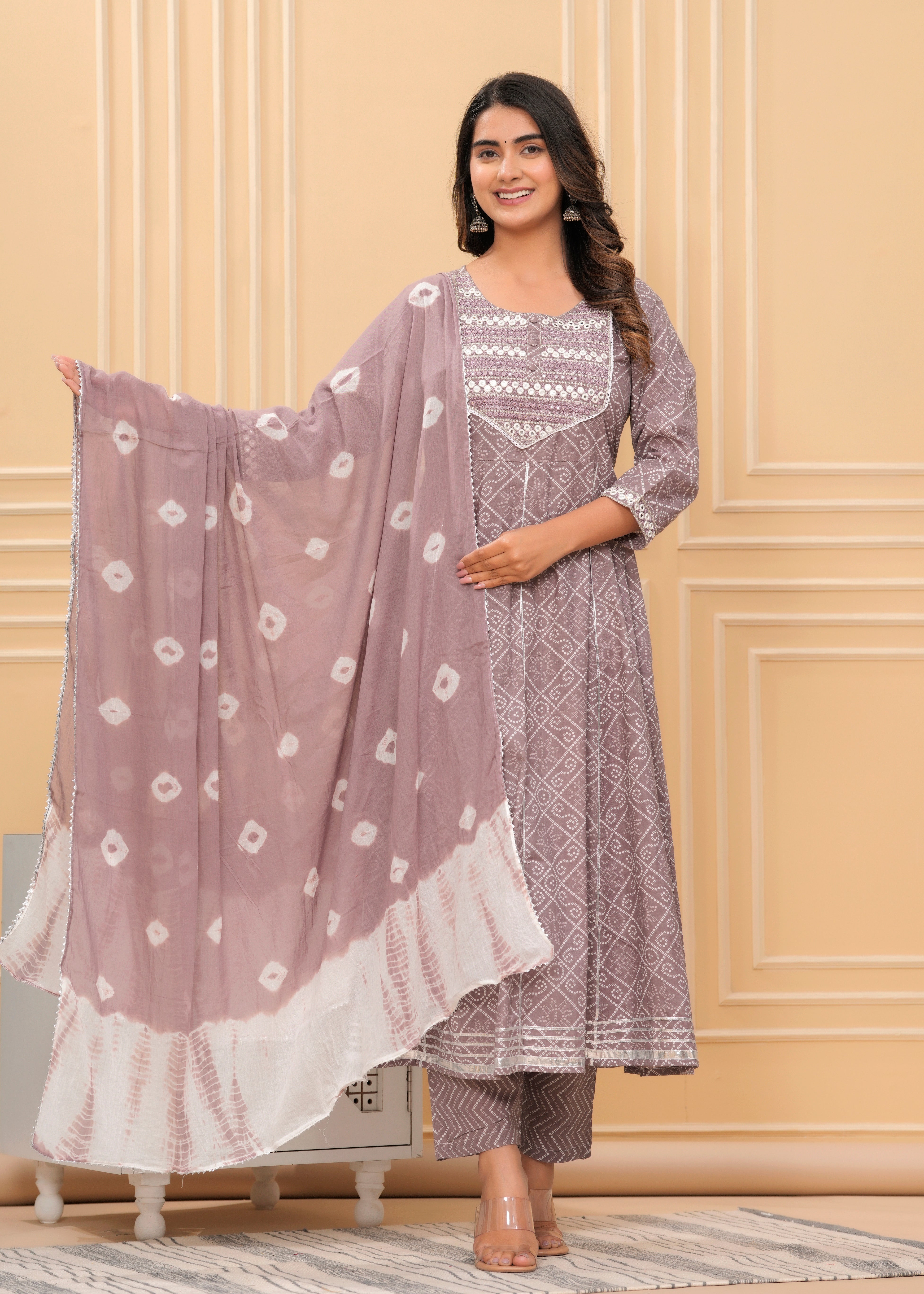 MEERA FAB Women's Cotton Printed Pink Anarkali Kurta with Palazzo & Dupatta Set