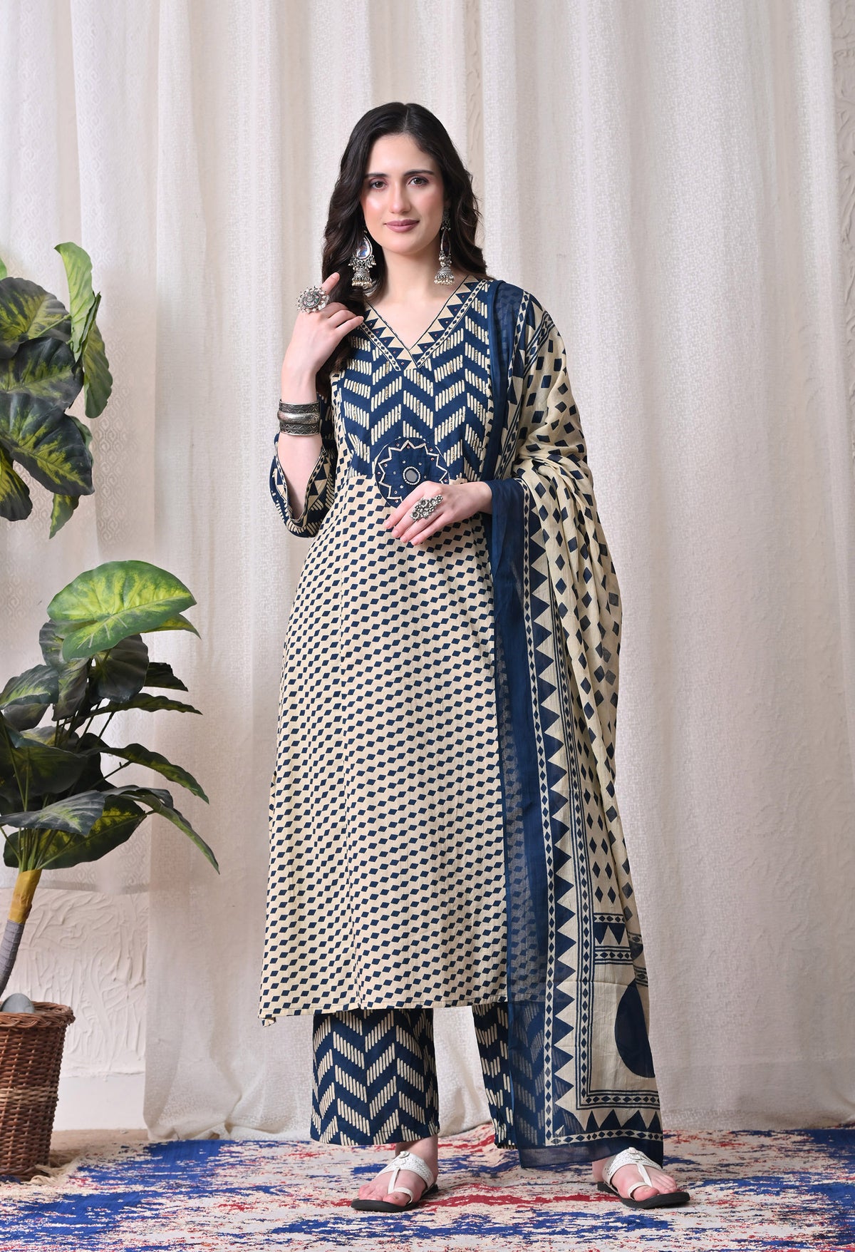 MEERA FAB Women Printed Regular Pure Cotton Straight Embroidery Kurta with Palazzos & with Dupatta