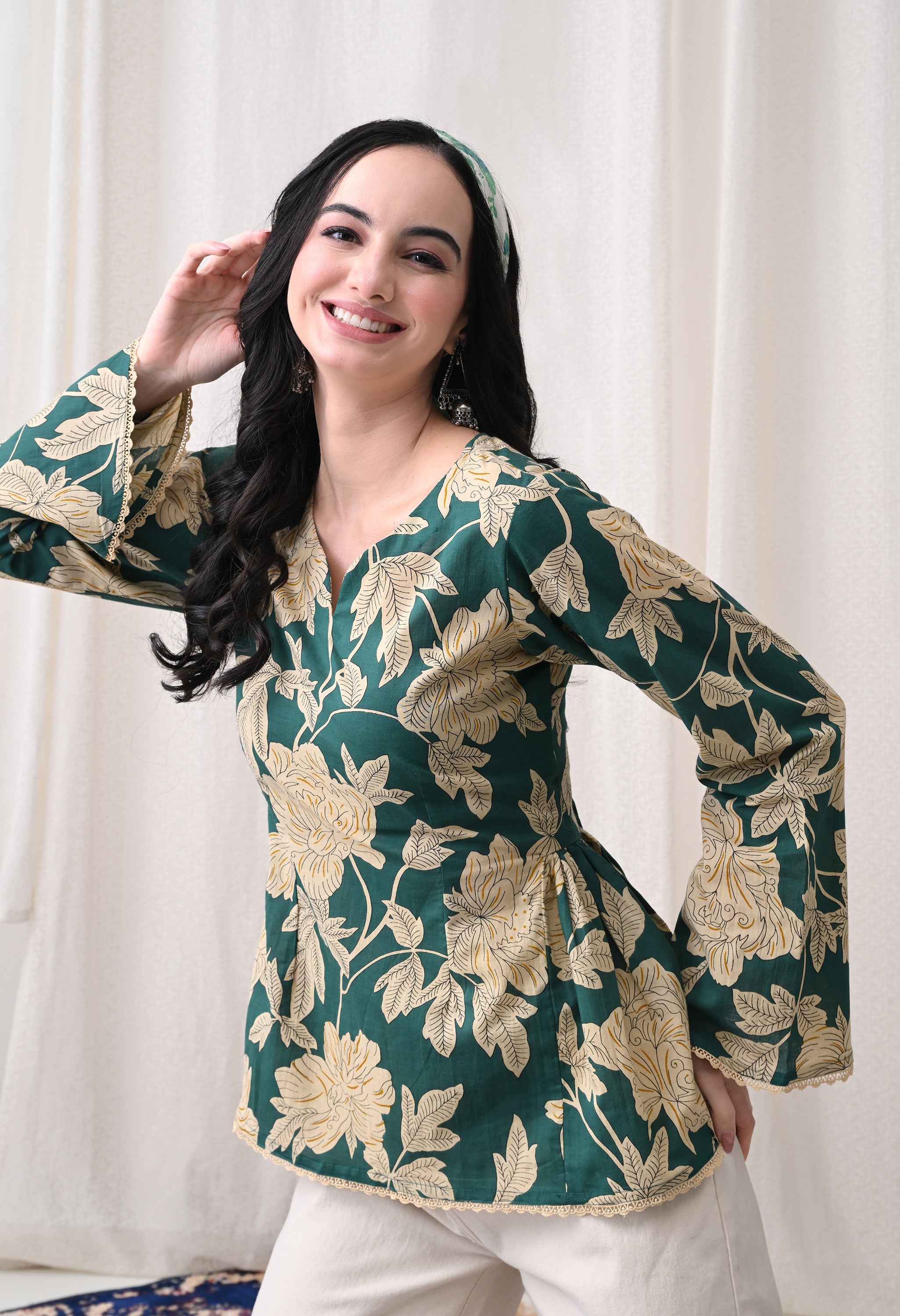 MEERA FAB Women's Summer Floral Printed Cotton Short Kurta Bell Sleeves | Floral Printed Kurta | Short Kurti for Women