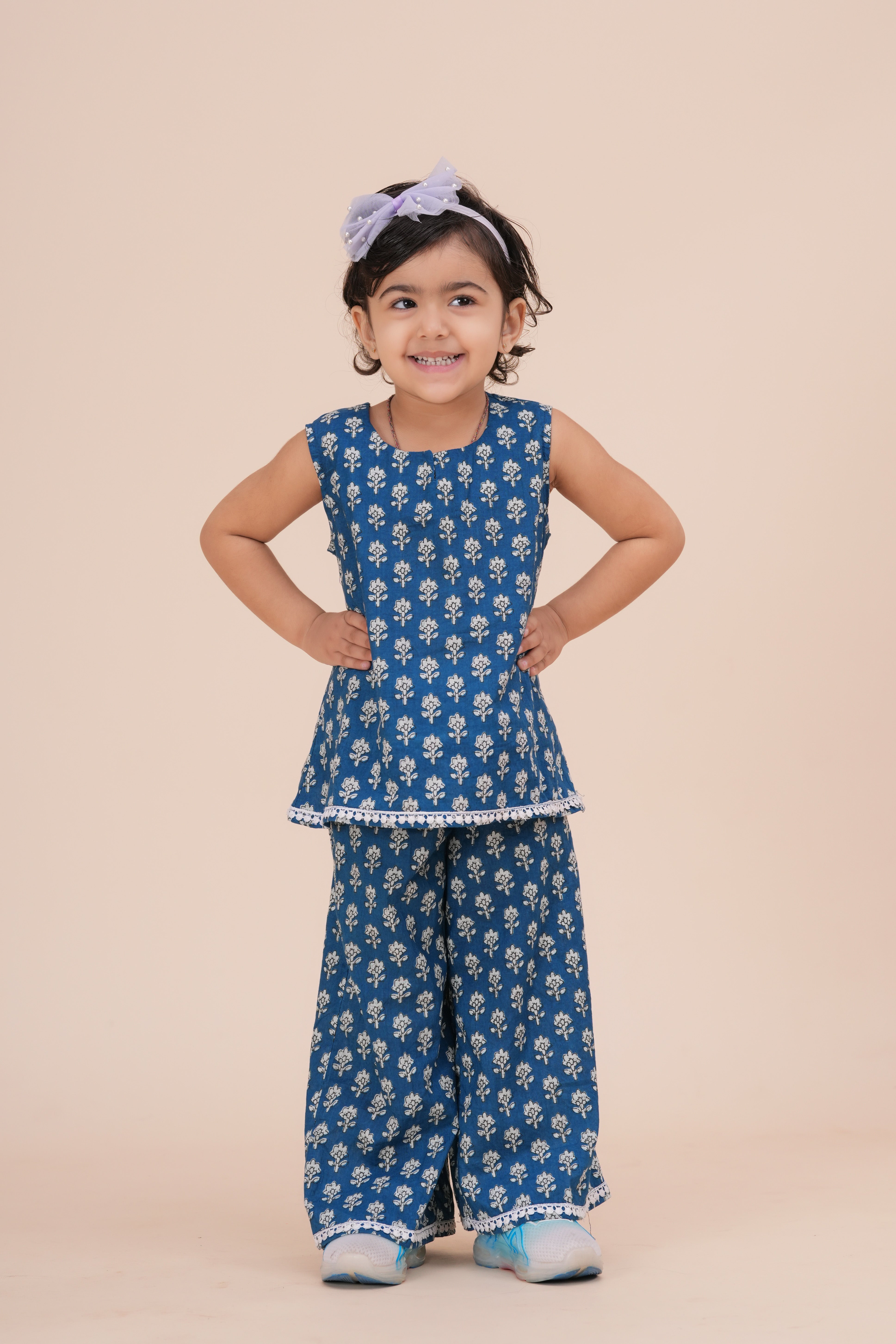 Girls Kids Pure Cotton Sleeveless Top with Palazzo Pant | Printed Co-Ord Set for Girls | Party, Festive,and Casual Wear (Blue)