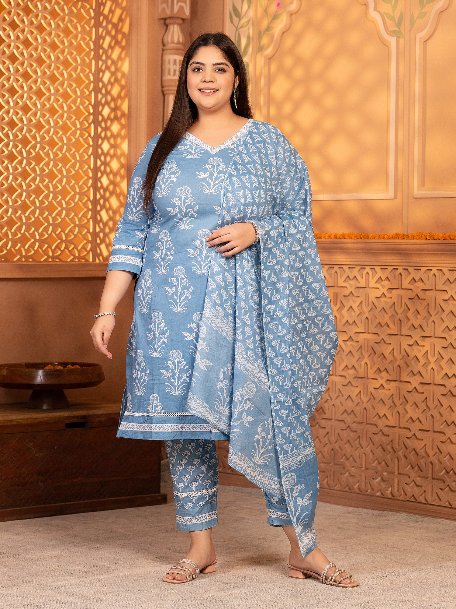 MEERA FAB Plus Size Women's Cotton Blend Straight Printed Kurta with Palazzo & Dupatta