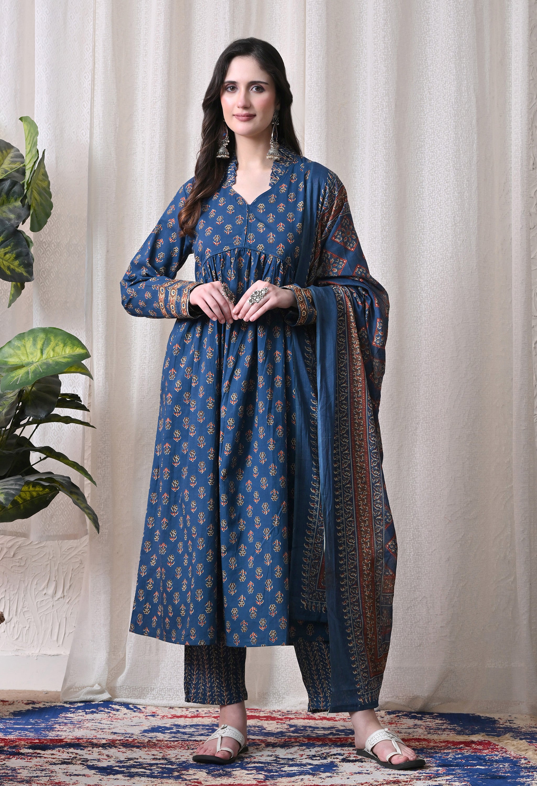 MEERA FAB Women Printed Regular Pure Cotton Anarkali Kurta with Palazzos & with Dupatta