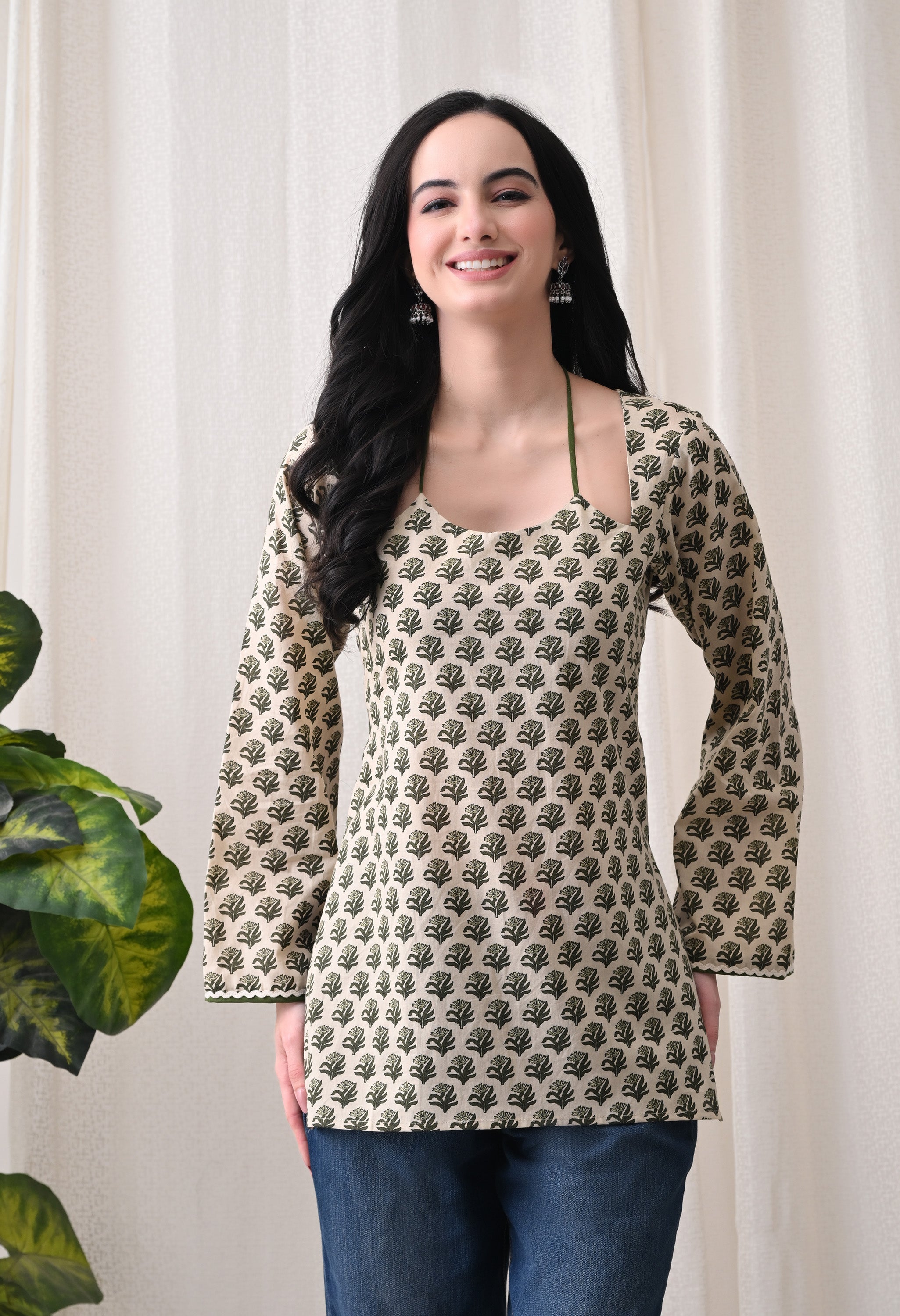 MEERA FAB Women Cotton Printed A-Line Tunic Top with Square Neck | Floral Printed Halter Strap Detail & Bell Sleeves | Short Kurti for Women