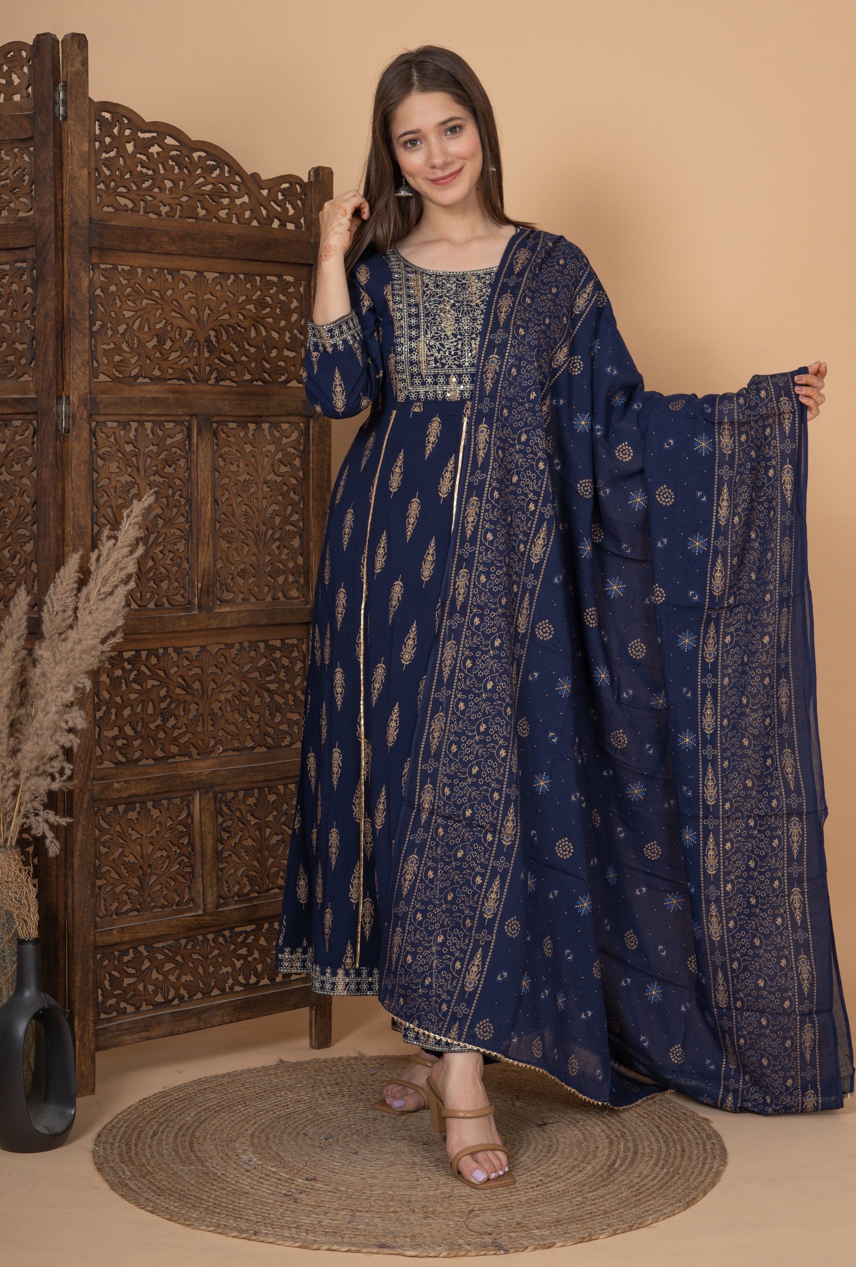 MEERA FAB Women's Rayon Printed Blue Anarkali Kurta with Palazzo & Dupatta Set