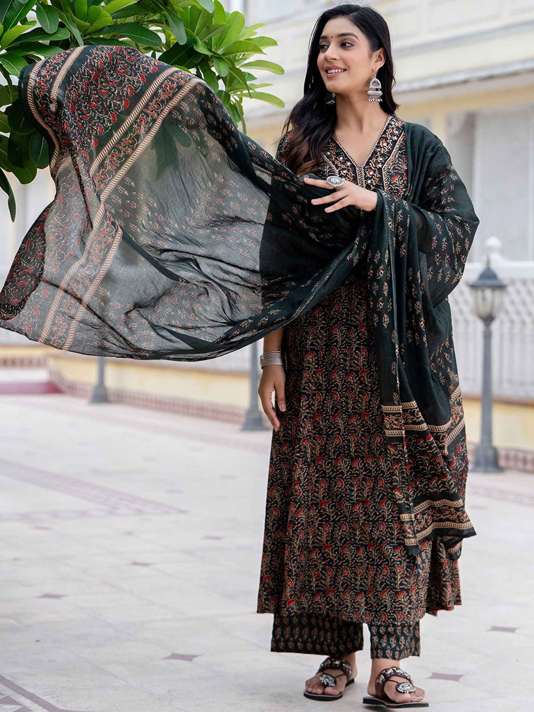 MEERA FAB Floral Printed Sequined Cotton Anarkali Kurta With Palazzos & Dupatta | Sanganeri Print
