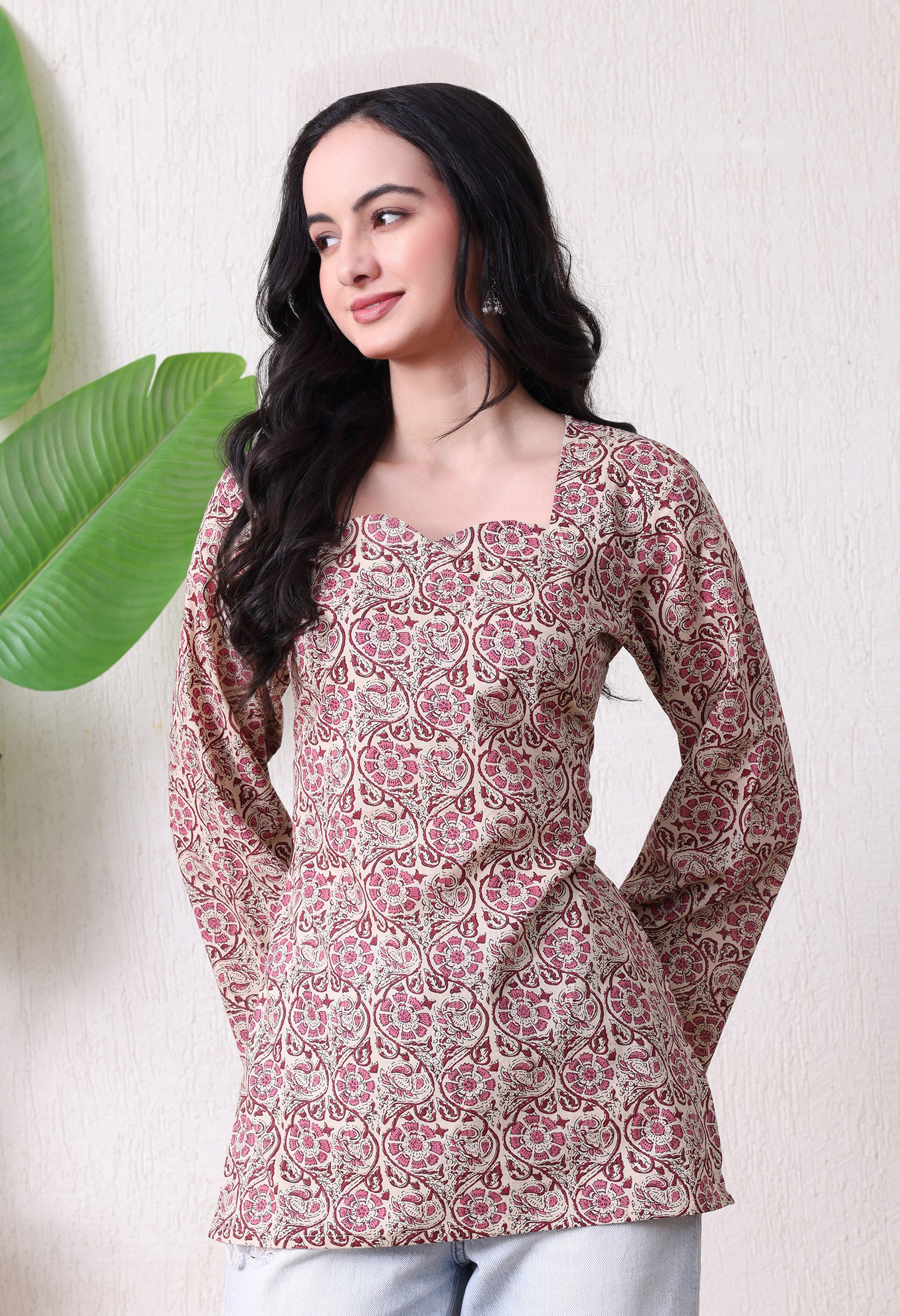 MEERA FAB Women's Floral Printed Cotton Short Top | Daabu Printed Kurta with Full Sleeves | Short Kurti for Women