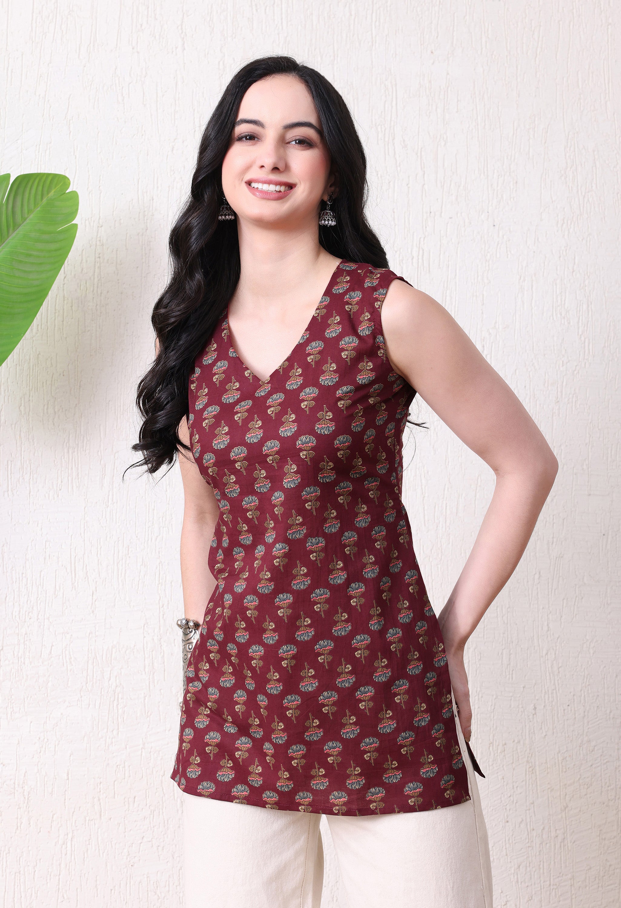 MEERA FAB Women's Floral Printed Cotton Short Top | Floral Booti Printed Top Cut Sleeves | Short Kurti for Women