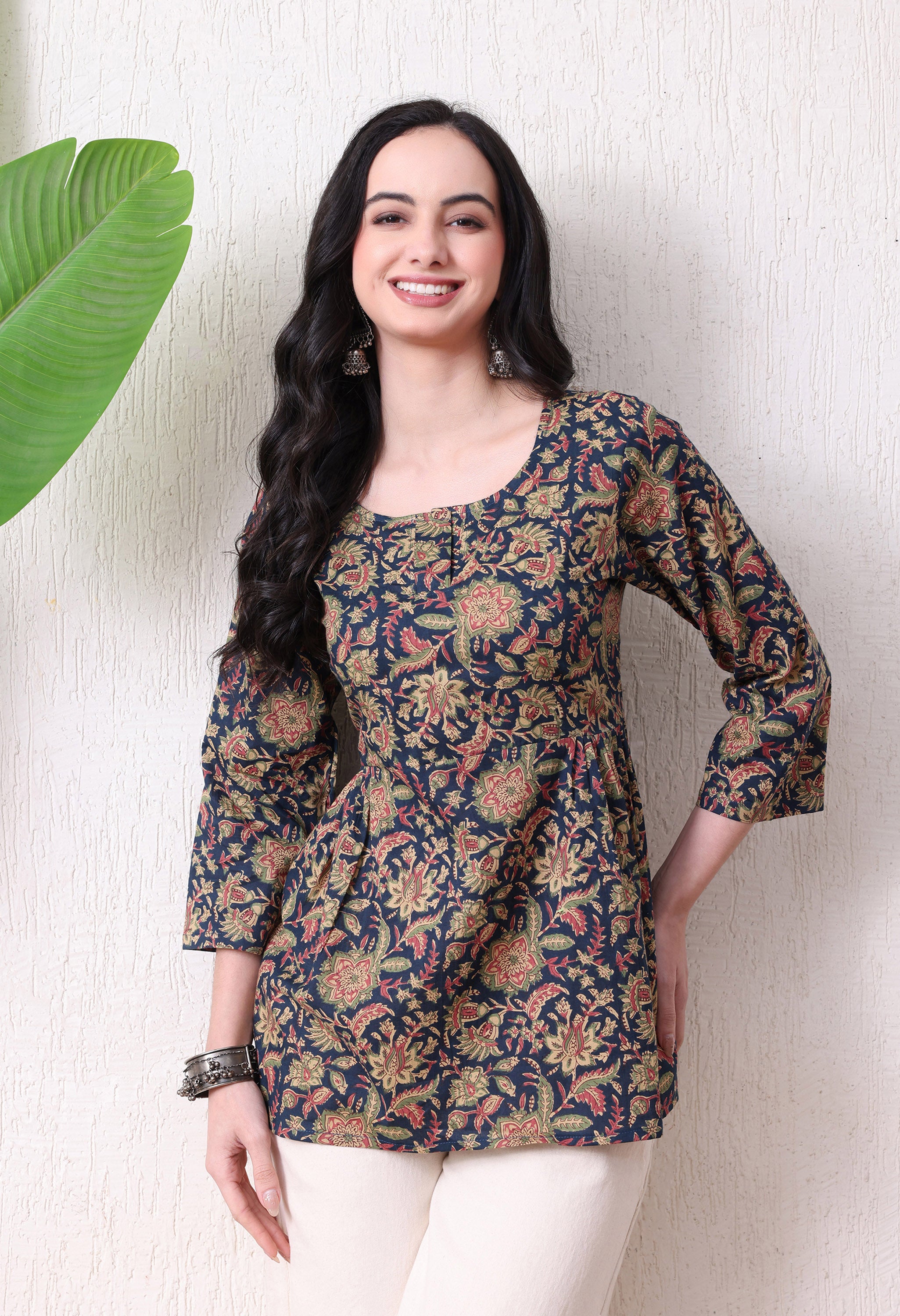 MEERA FAB Women's Floral Printed Cotton Short Kurta | Floral Printed Kurta with Quarter Sleeves | Short Kurti for Women
