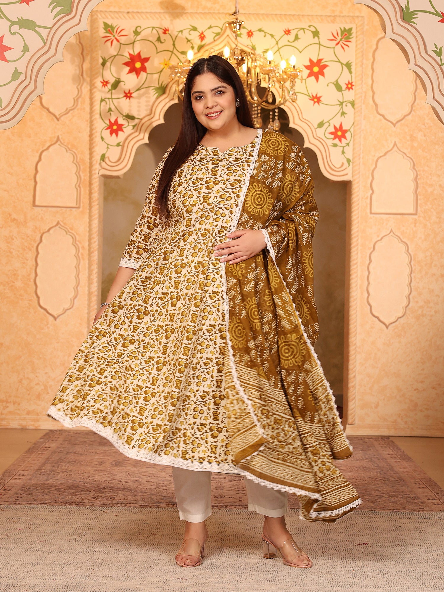 MEERA FAB Women's Pure Cotton Printed Anarkali Kurta with Palazzos & Dupatta