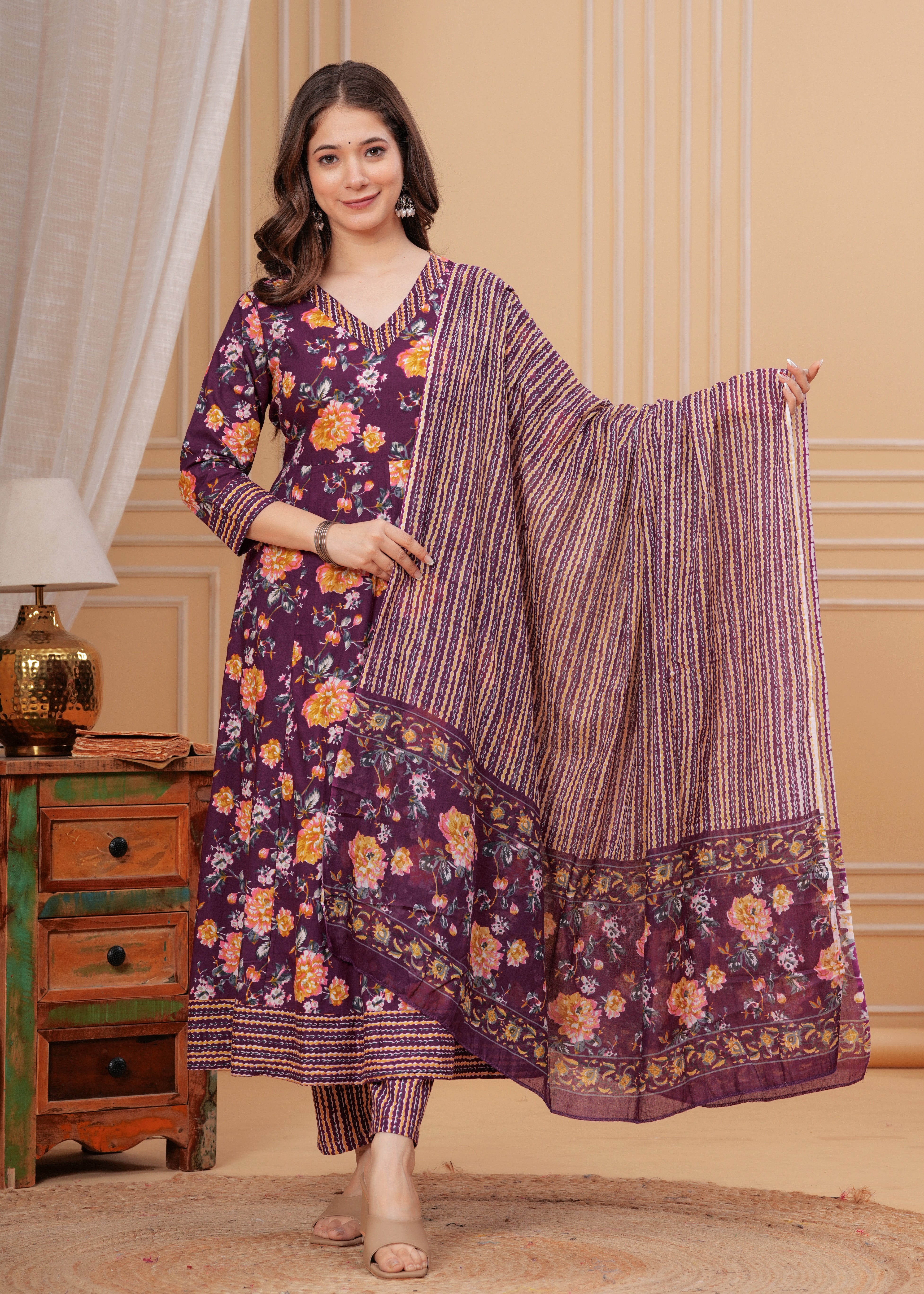 MEERA FAB Women's Pure Cotton V-Neck Anarkali Printed Kurta with Palazzo and Dupatta