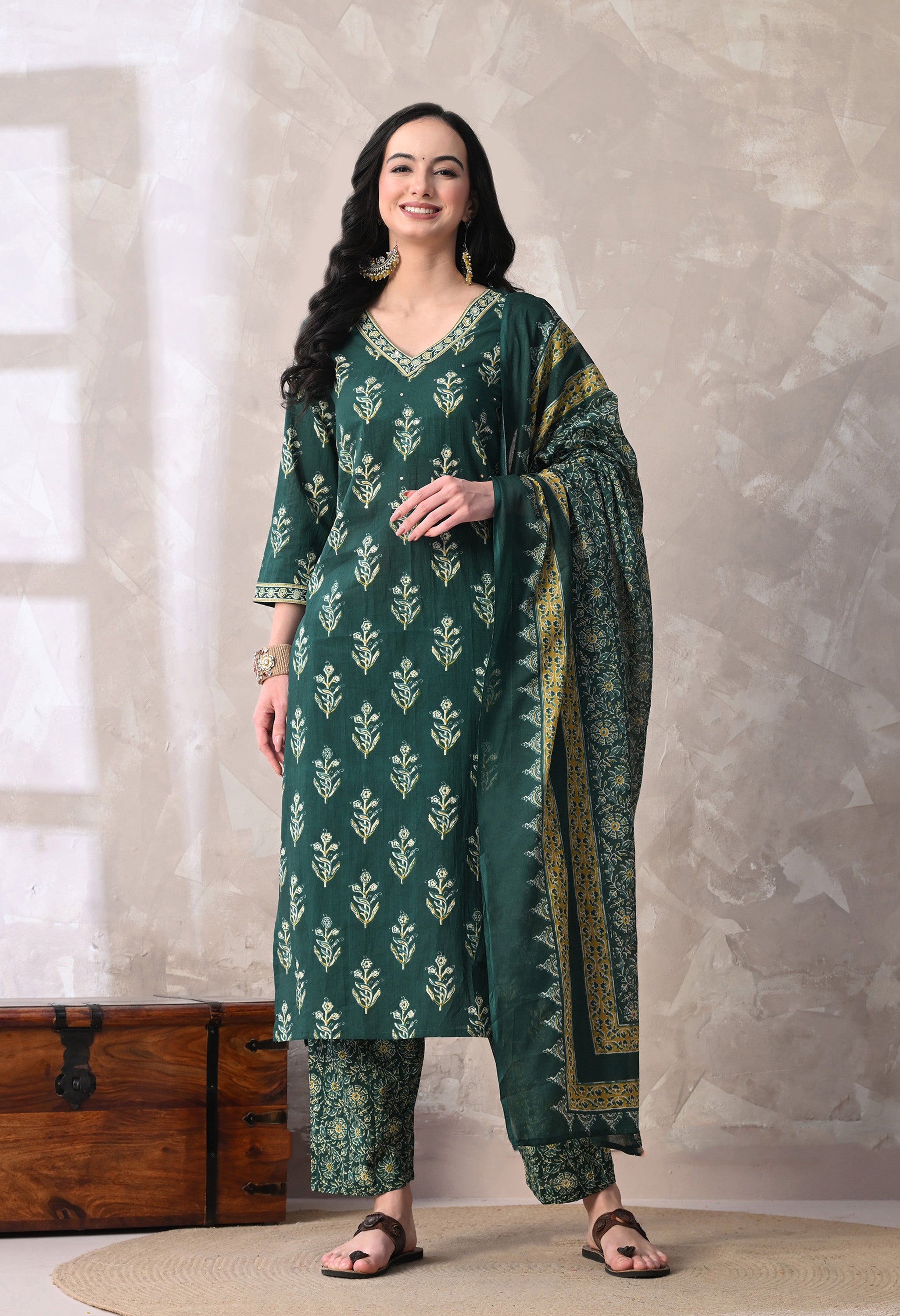 MEERA FAB Women Floral Printed Sequined Cotton Straight Kurta With Palazzos & Dupatta | Sanganeri Print