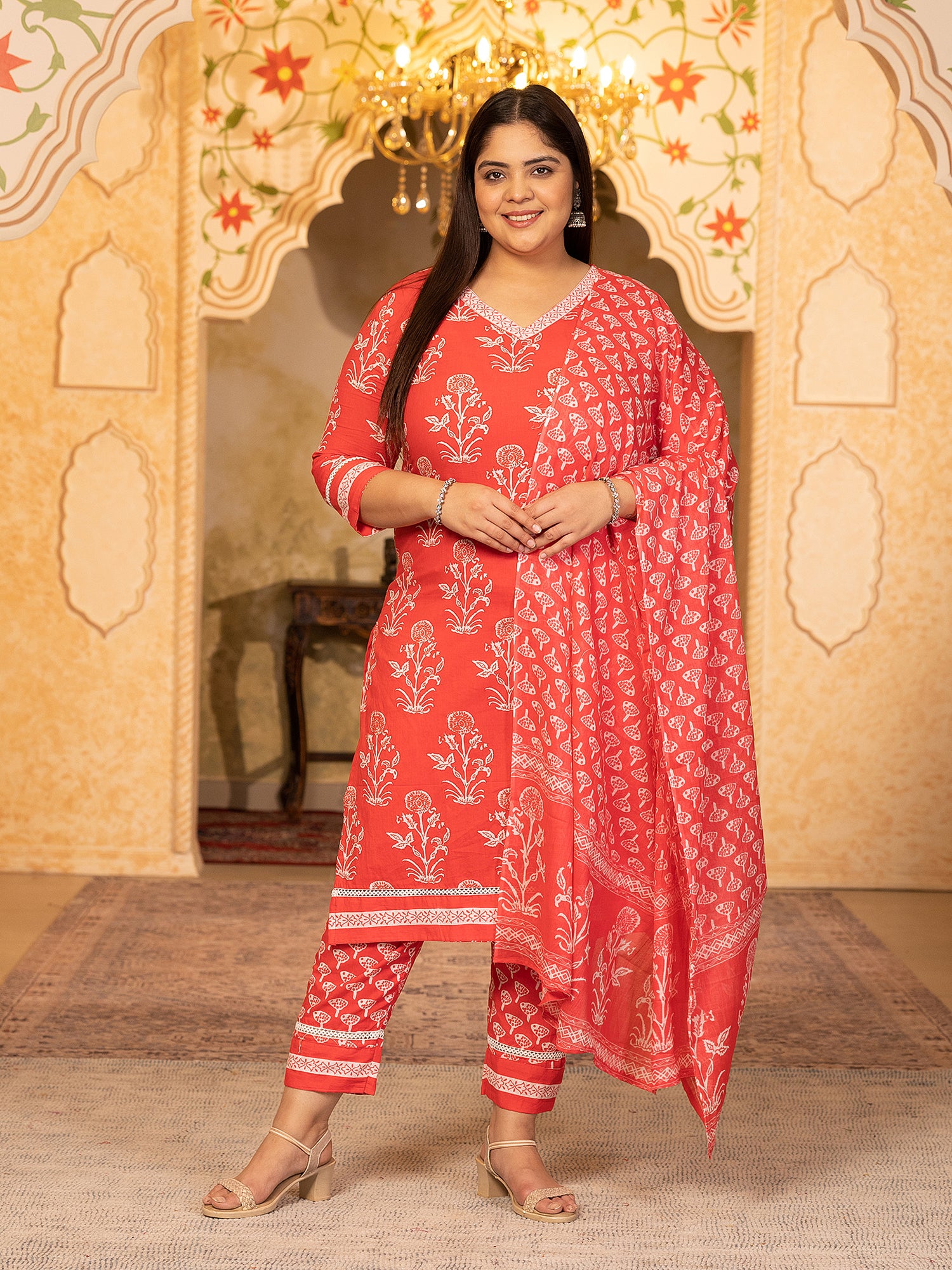 MEERA FAB Plus Size Women's Cotton Blend Straight Printed Kurta with Palazzo & Dupatta