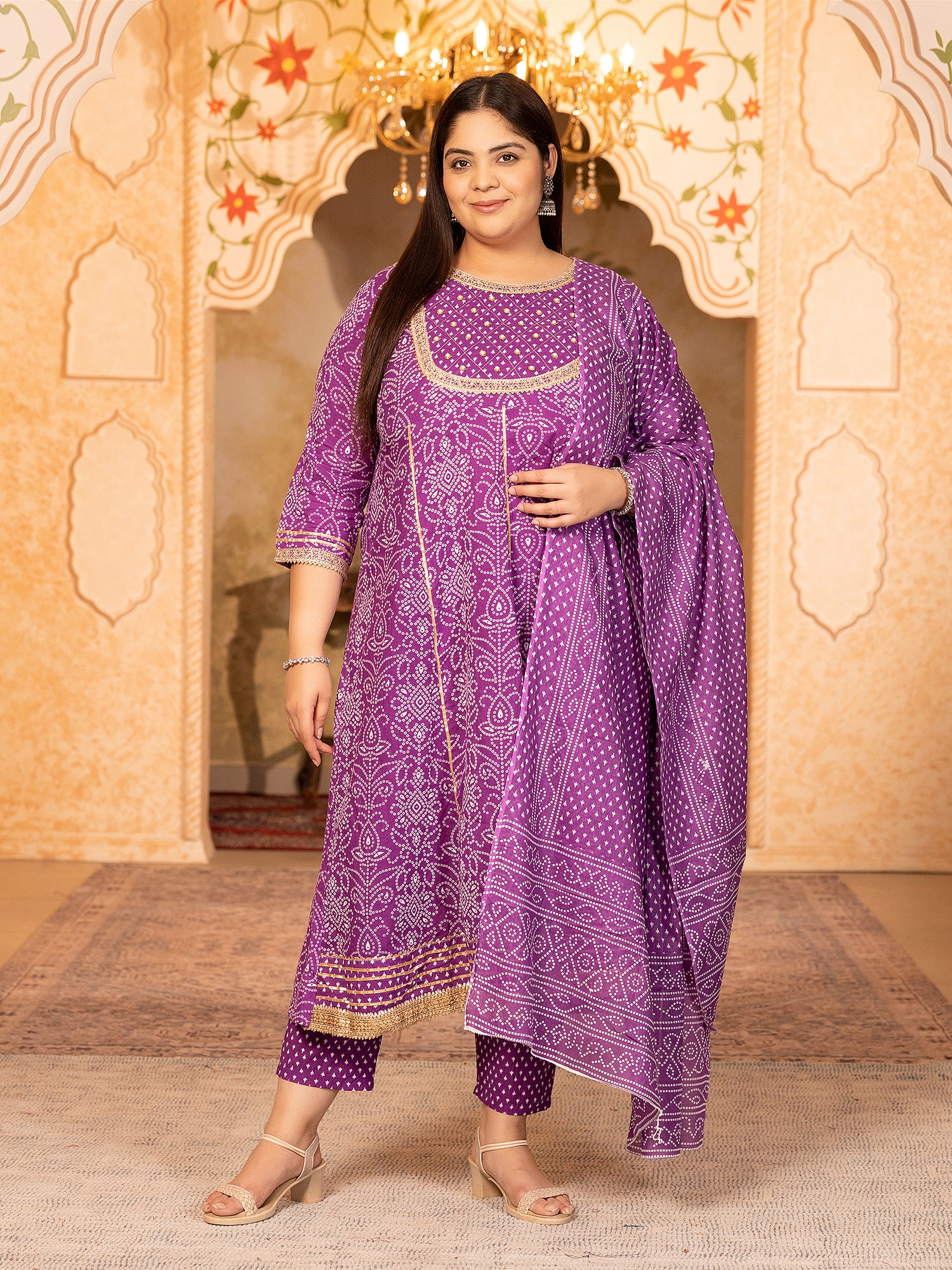 MEERA FAB Plus Size Printed Pure Cotton Anarkali Handwork Kurta with Palazzos & Dupatta