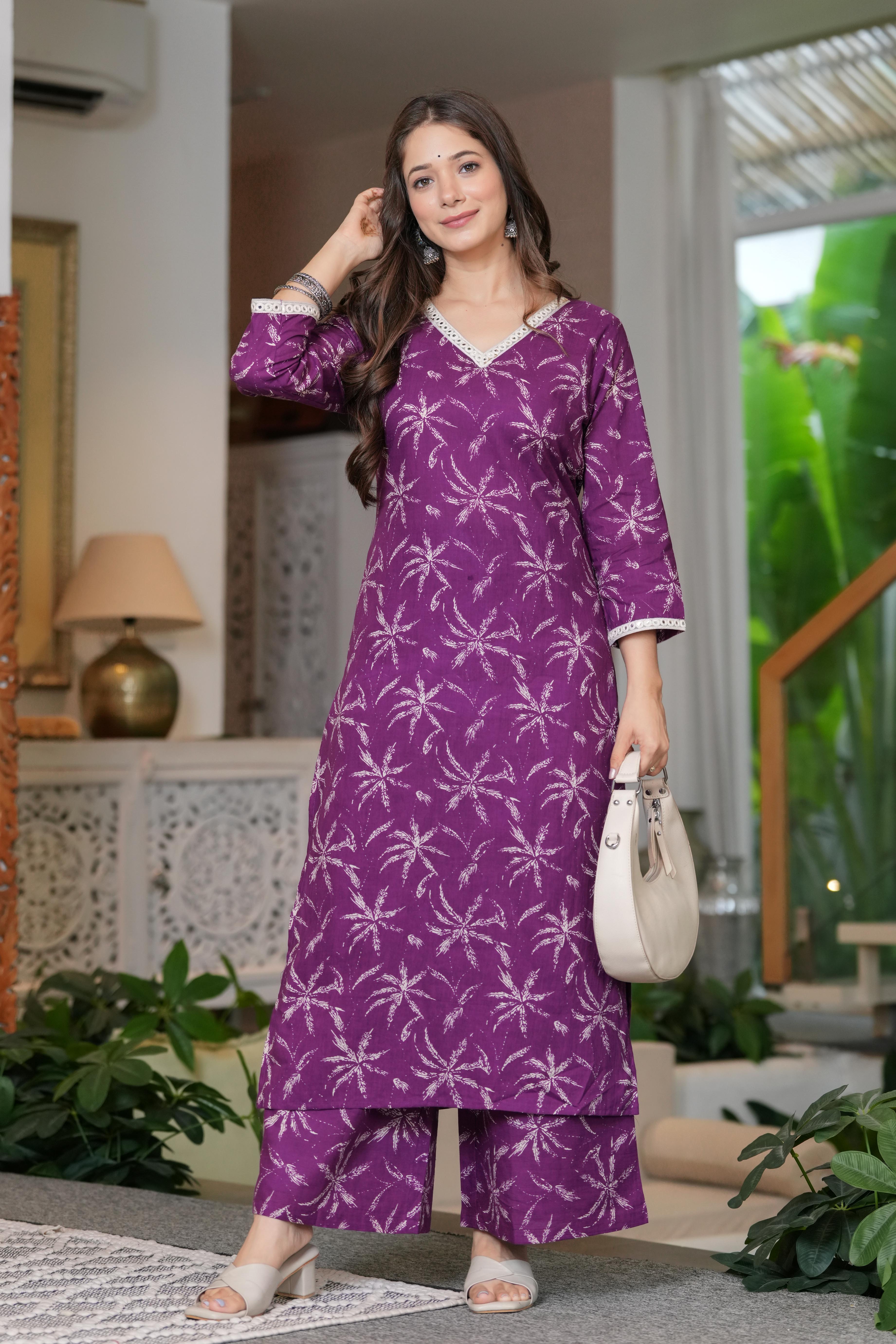 MEERA FAB Women Cotton Printed V-Neck Lace Kurta Palazzo Set