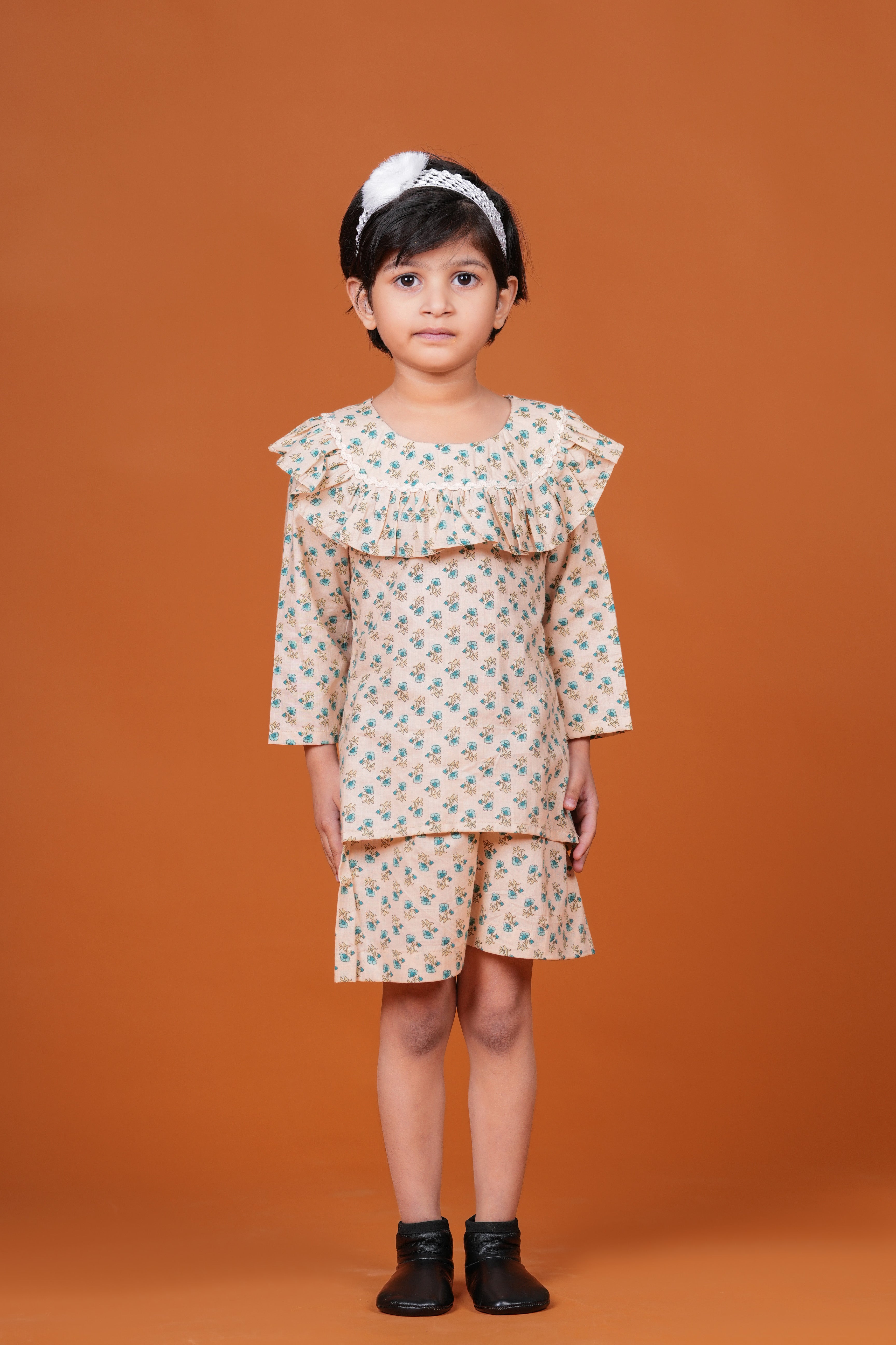 Girls Pure Cotton Top with Short pant Set | Floral Printed Full Sleeve Top with Short pants | Soft Breathable Co-ord Outfit