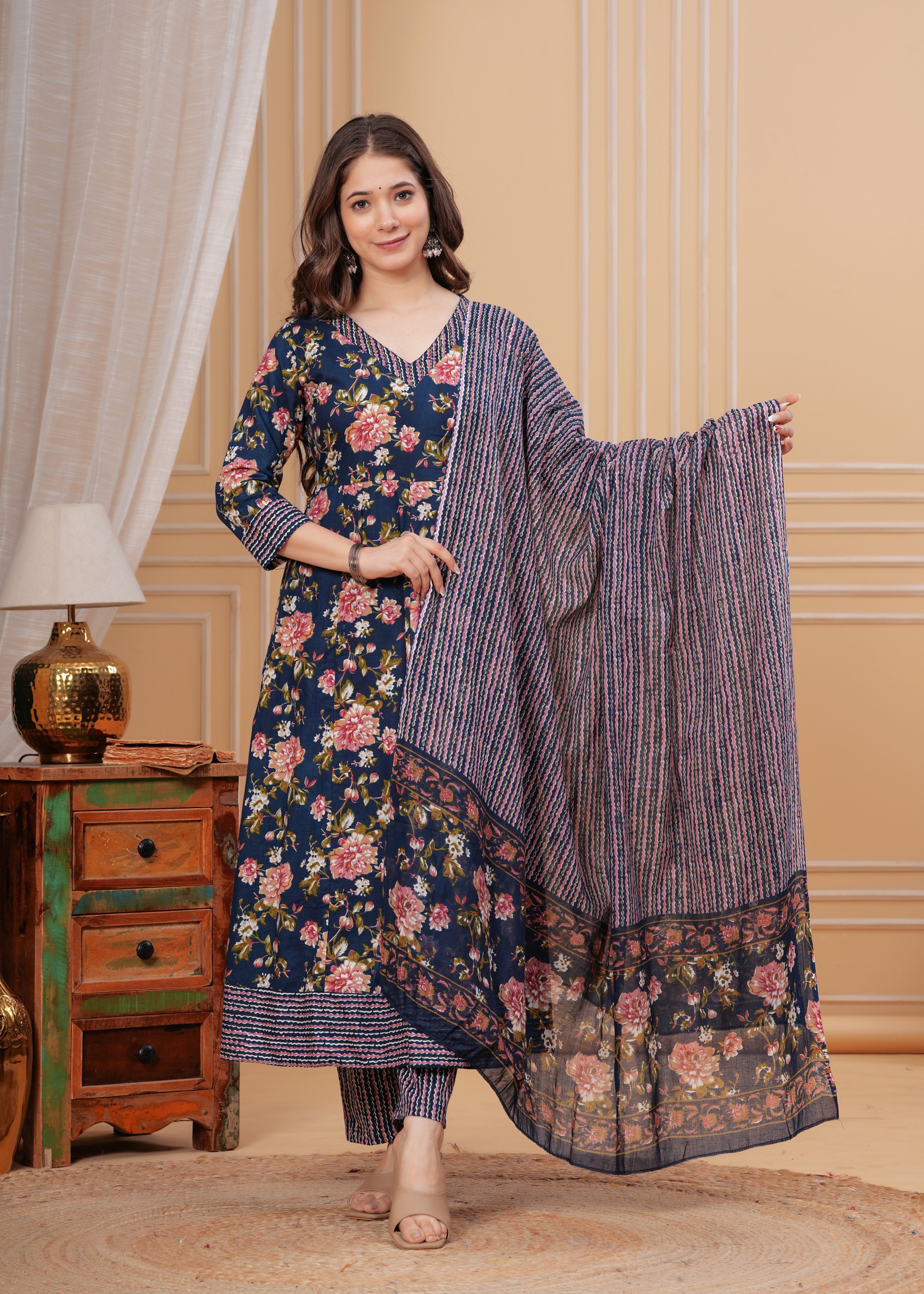 MEERA FAB Women's Pure Cotton V-Neck Anarkali Printed Kurta with Palazzo and Dupatta