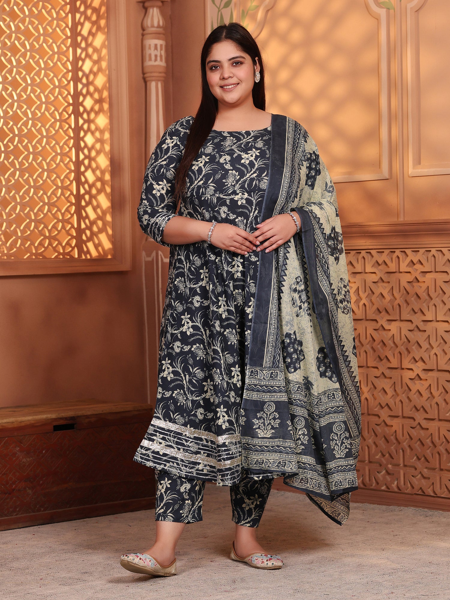 MEERA FAB Plus Size Women's Cotton Printed Anarkali Kurta with Palazzo & Dupatta Set with Dori