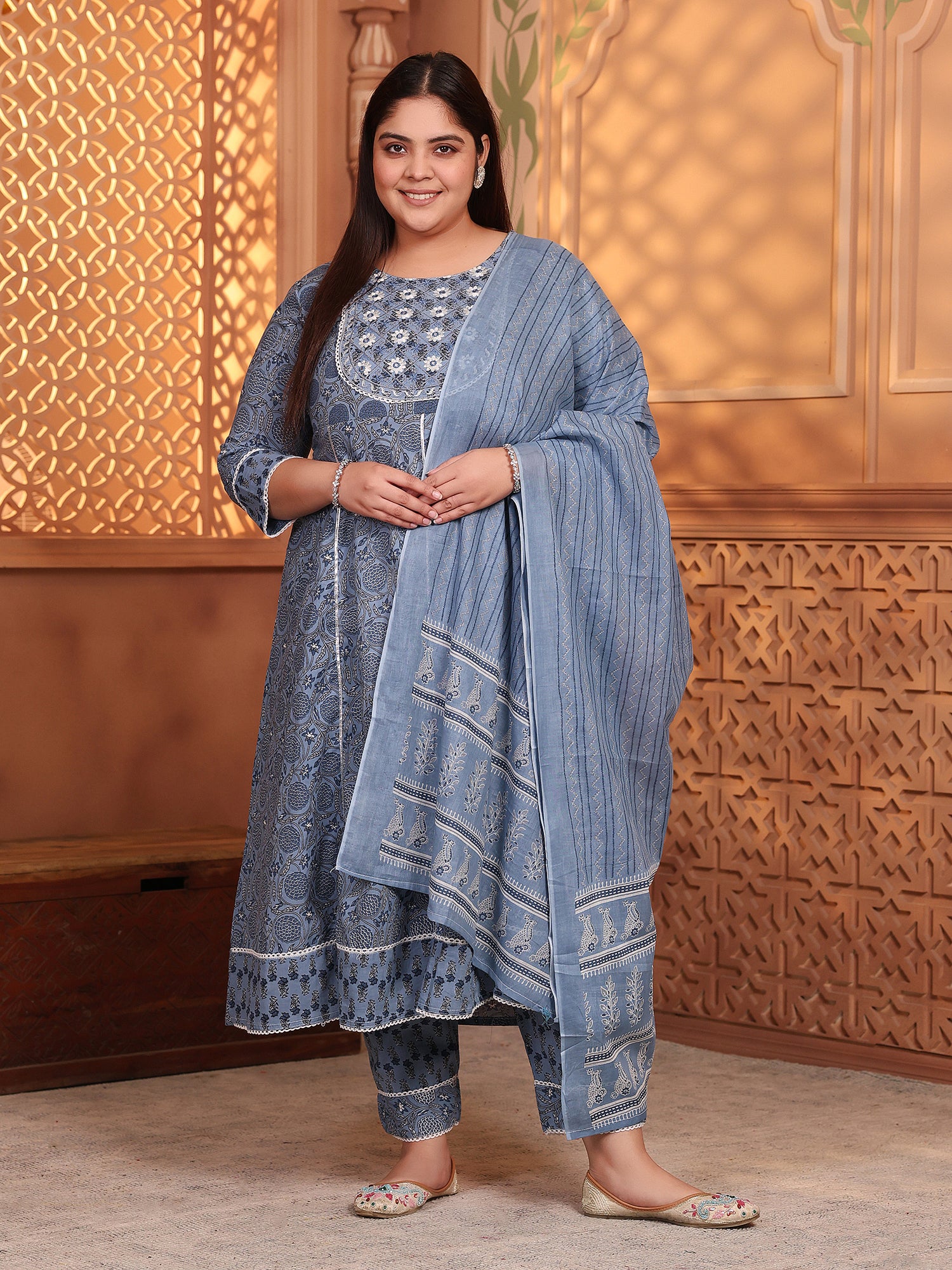 MEERA FAB Women's Pure Cotton Printed Anarkali Handwork Kurta with Palazzos & Dupatta