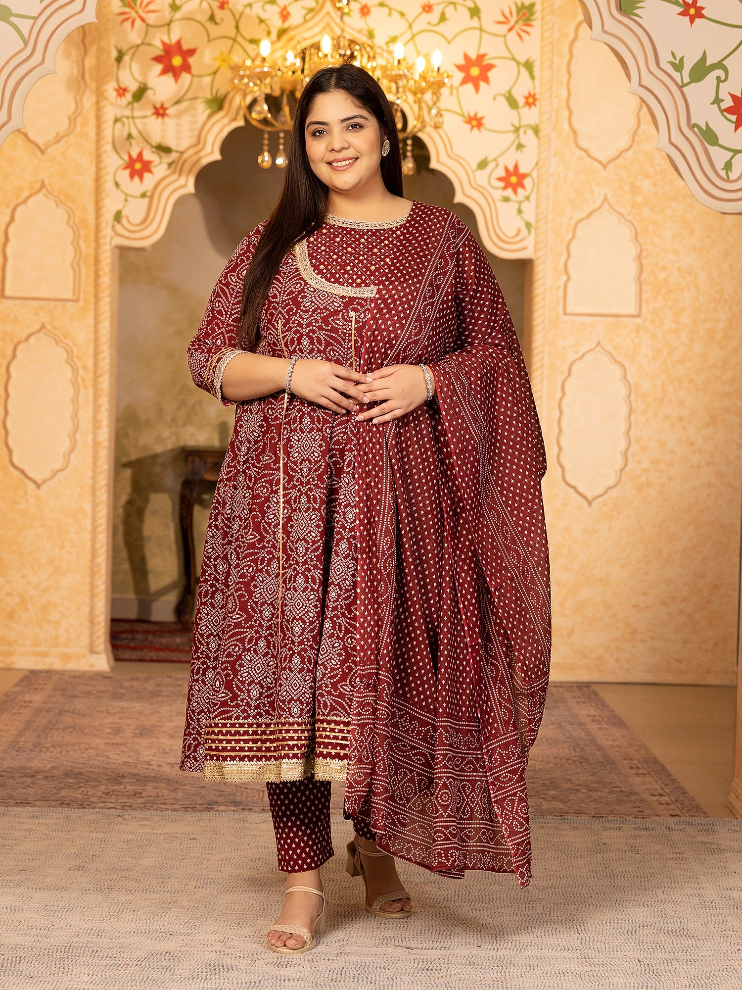 MEERA FAB Plus Size Printed Pure Cotton Anarkali Handwork Kurta with Palazzos & Dupatta