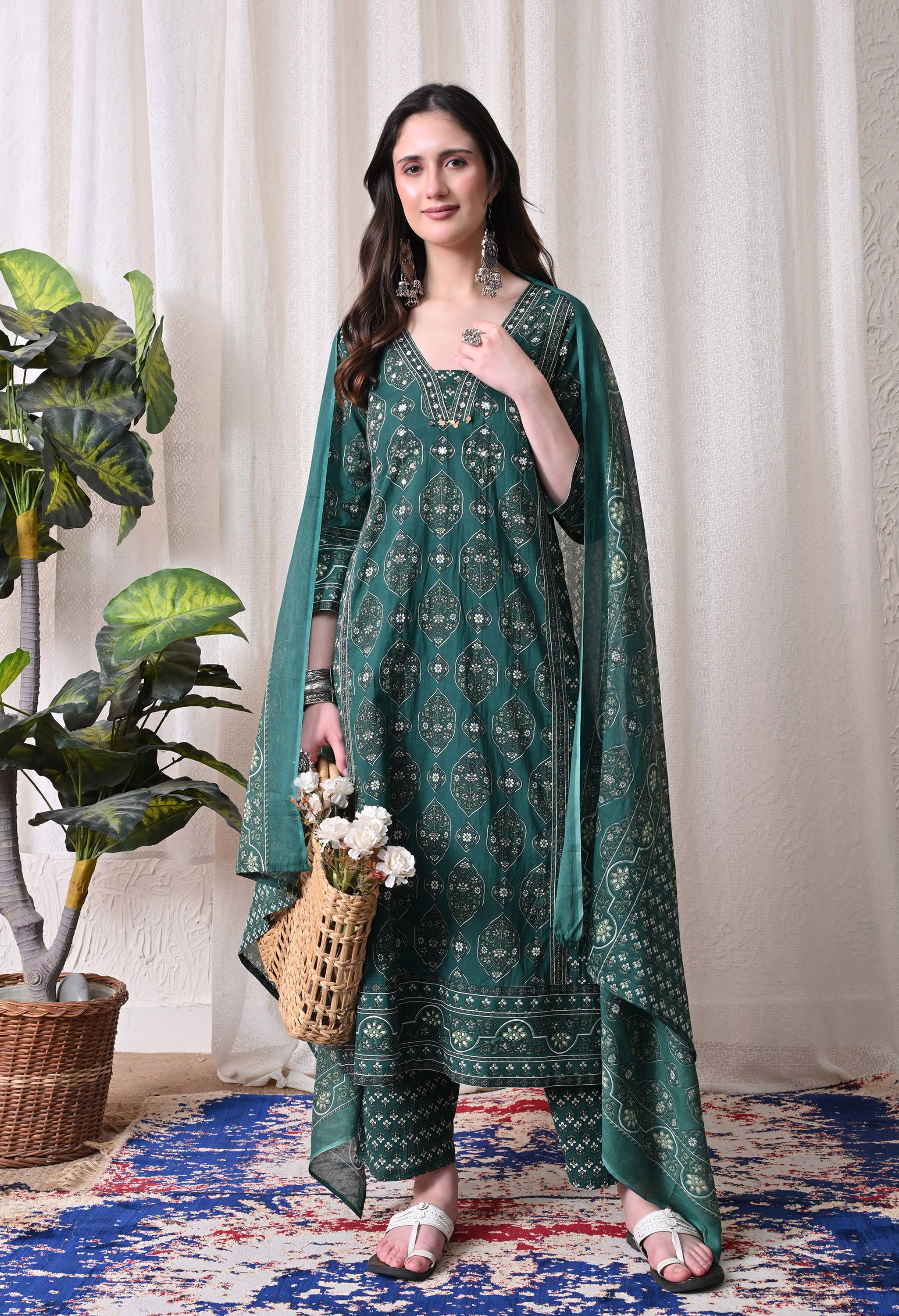 MEERA FAB Women Printed Regular Pure Cotton Straight Kurta with Palazzos & with Dupatta