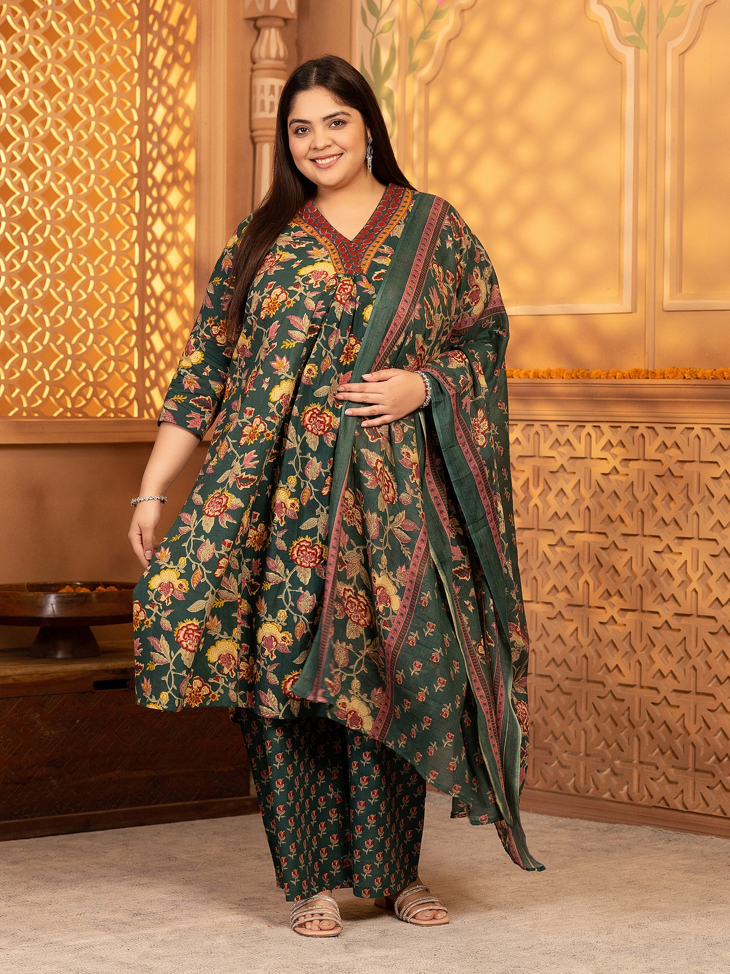 MEERA FAB Women's Cotton Blend V-Neck Plus Size Kurta Printed Kurta with Palazzo & Dupatta Set